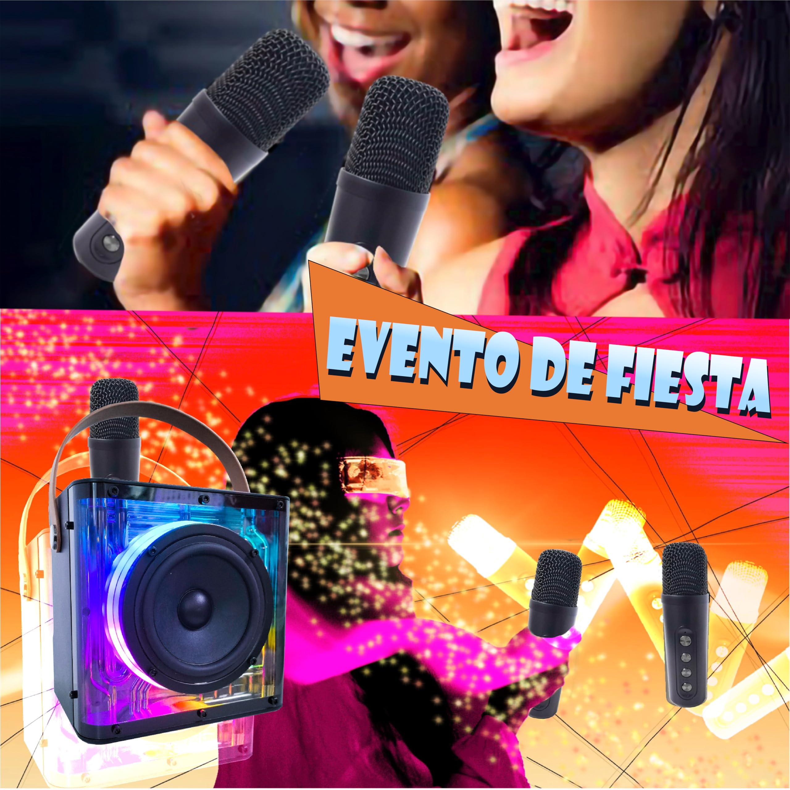 Máquina de karaoke con 2 micrófonos, sistema PA portátil con micrófonos inalámbricos, altavoz Bluetooth para fiestas para adultos y niños