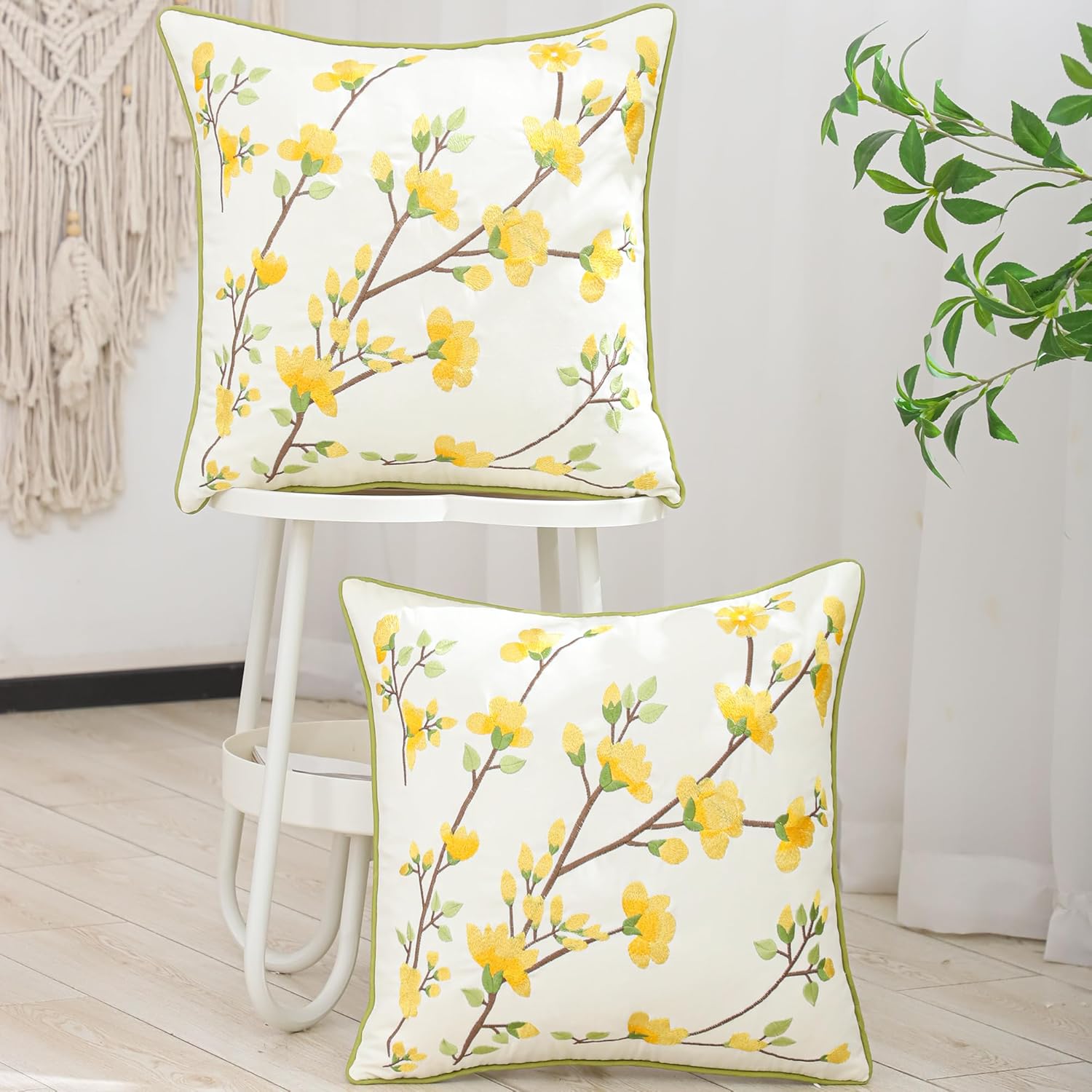 LUOYEHK Embroidered Throw Pillow Covers 18x18 Inch Set of 2 Yellow Retro Flowers Decorative Pillow Covers Spring Summer Flora Pillowcase Cushion Cover for Couch Sofa Bed Home Decor