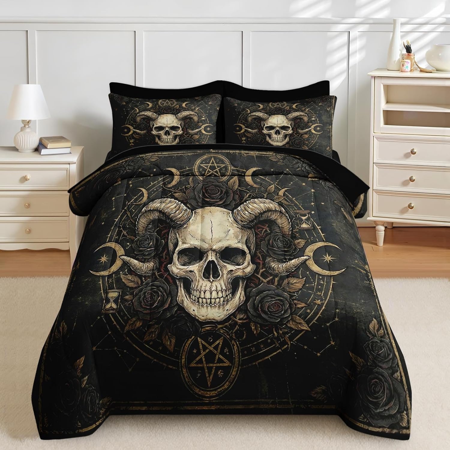 Comforter Set Queen Size, Gothic Occult Rose 7 Pcs Bedding for Kids and Adults, Pentagram Halloween Bed Sheet Sets with Fitted Sheet 2 Pillowcases & 2 Shams for Bedroom Bed Decor
