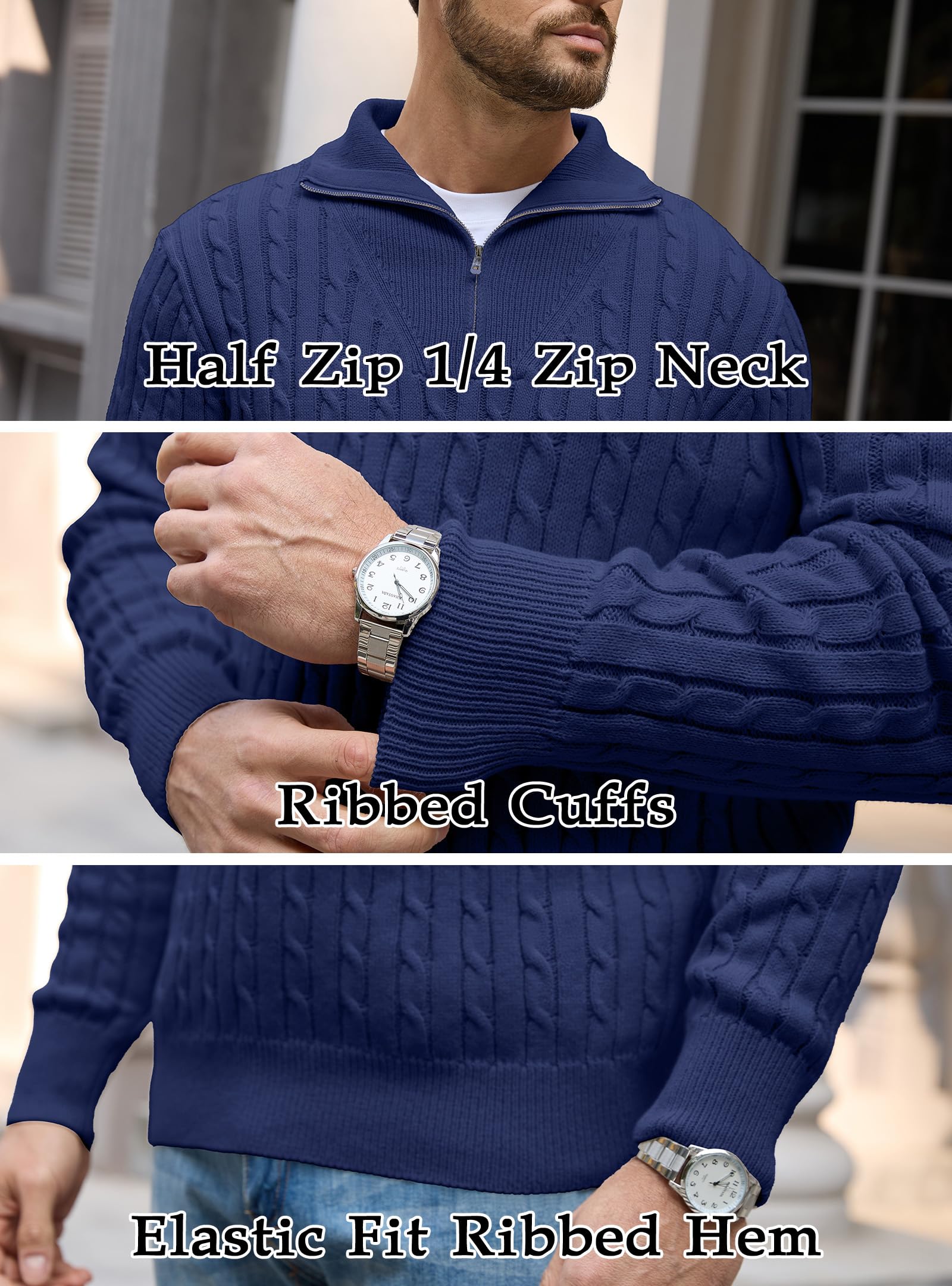 Herren Rollkragenpullover 1/4 Zip Strickpullover Zopfmuster Winter Langarm