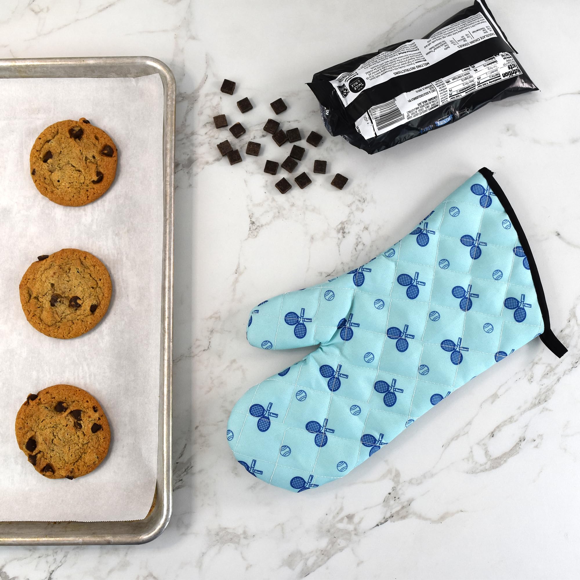 Tennis Oven Mitt, Heat-Resistant Quilted Glove for Baking, Cooking, and Grilling, Non-Slip Grip, Machine Washable, Soft Interior, Clear Skies Blue with Tennis-Themed Print