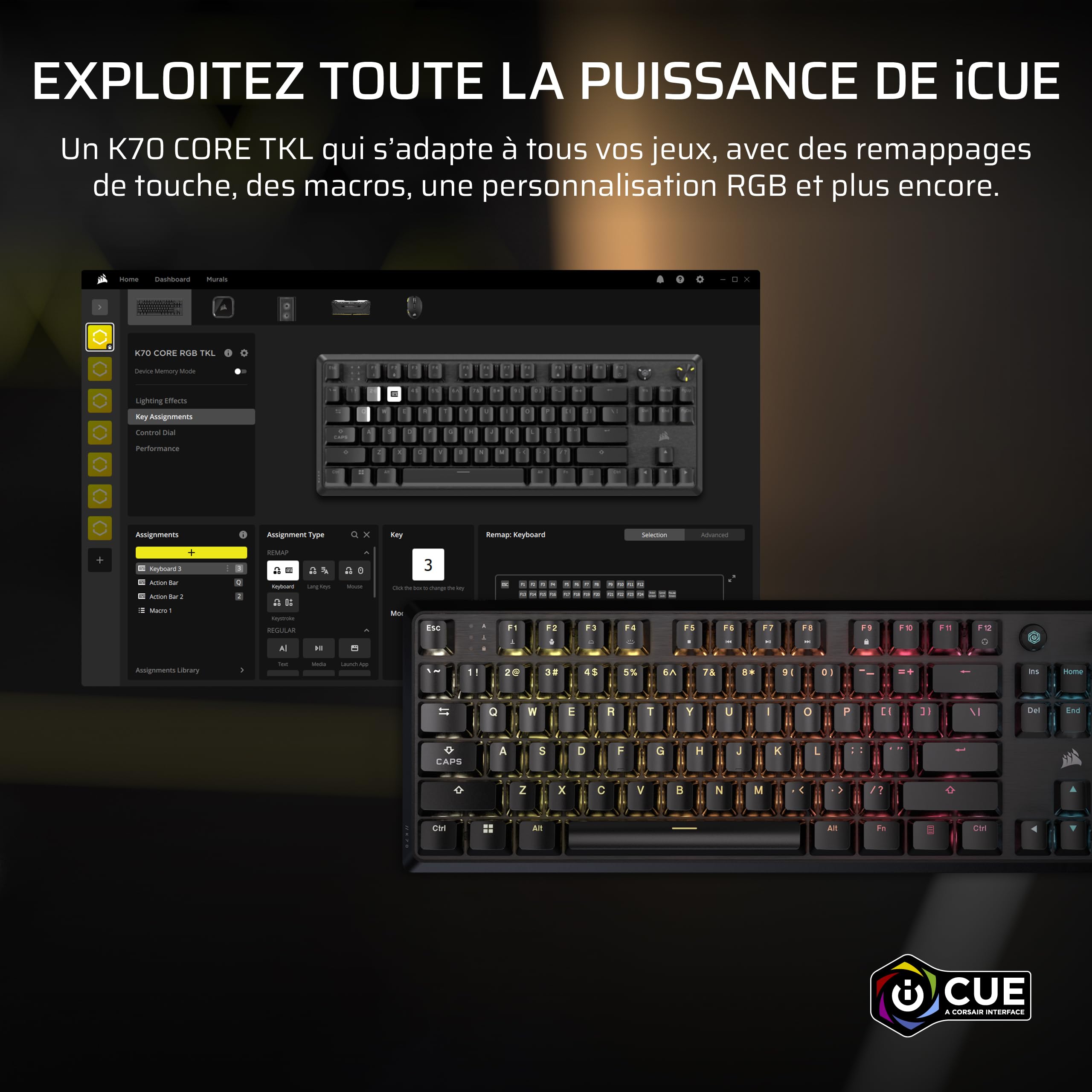 Corsair K70 Core TKL RGB Clavier de Jeu Mécanique sans Clé – Interrupteurs Linéaires MLX Red v2 Pré-Lubrifiés – Double Couche d'Atténuation du Son – Capuchons de Clé en ABS – AZERTY FR – Noir