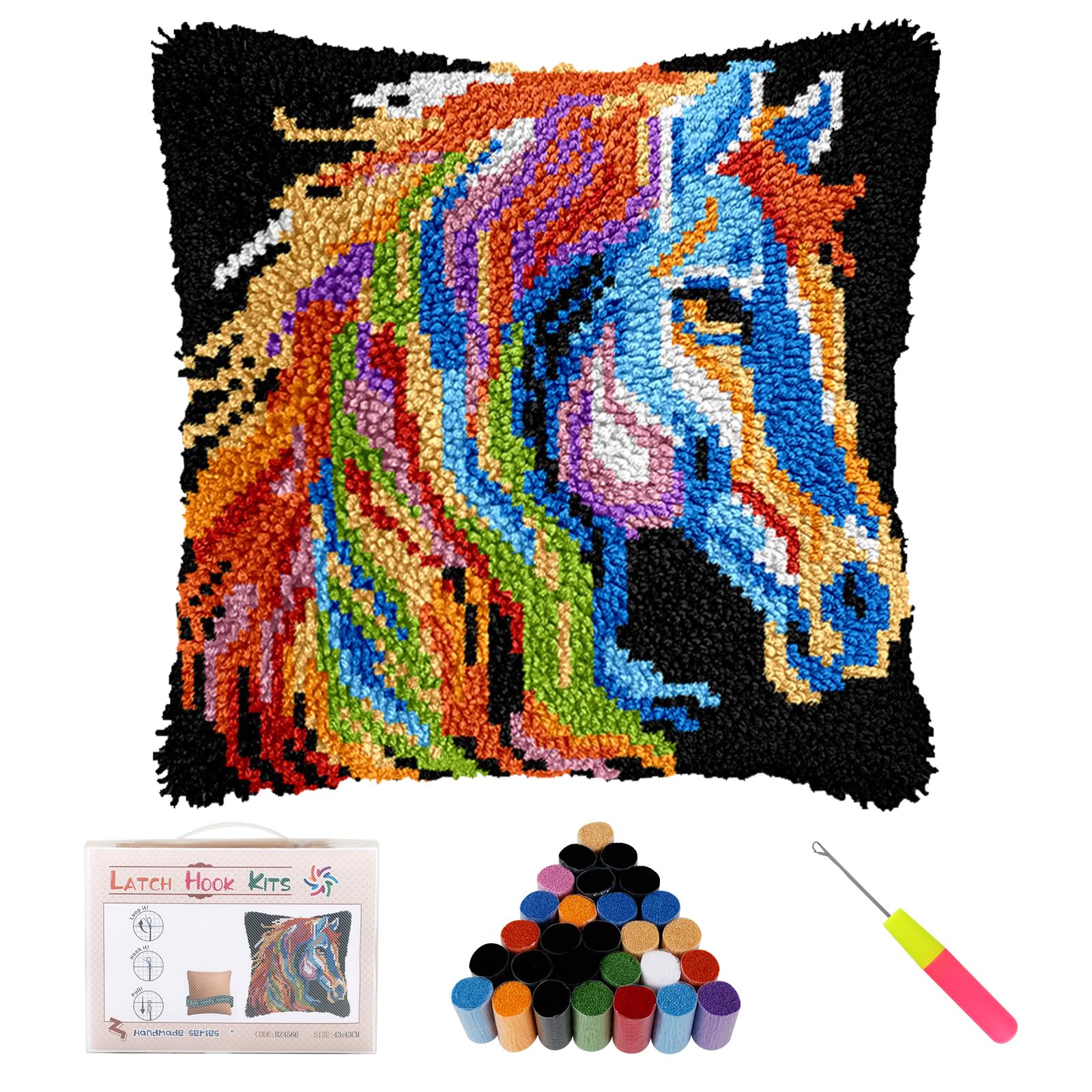 RHAIQBVC Highland Cow Latch Hook Kits, 17x17in Cute Animals Latch Hooks Pillow,DIY Crochet Cushion Cover with Yarn Hook, Handmade Craft Gift for Adults Beginners(Horse)