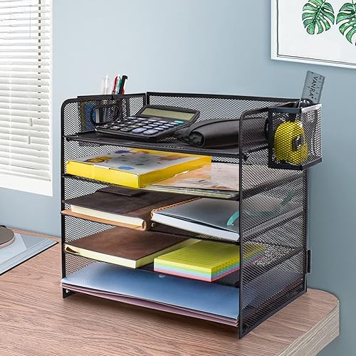 Miniatura 3 de VANRA Organizador de papel para 5 bandejas, bandeja de cartas de malla metálica, estante de escritorio negro con asa y 2 soportes para lápices para