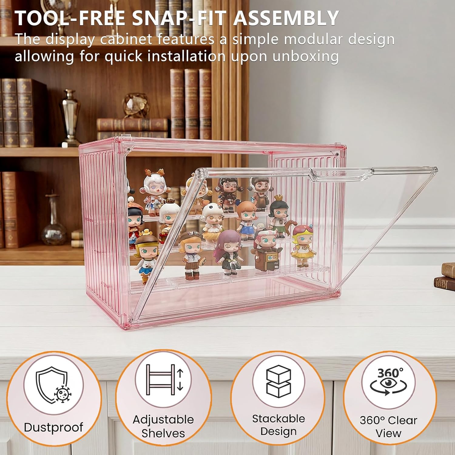Clear Doll Display Box Compatible with Labubu - Stackable Organizer for 15-17cm Dolls & Accessories, Transparent Display Case for Collectibles, Action Figures, and Toy Clothes (Pink)