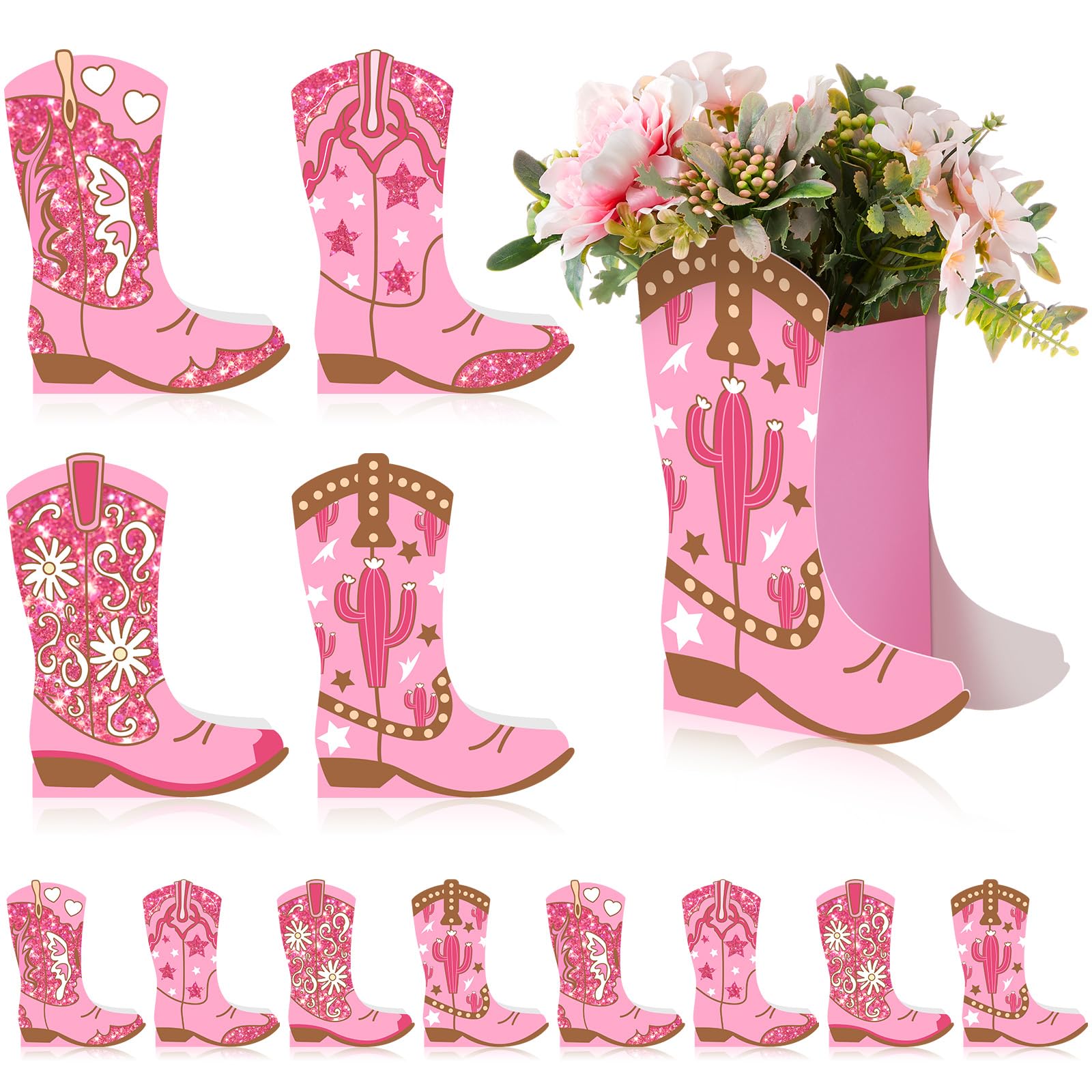 12 Set Western Pink Cowgirl Boot Centerpiece Box Rodeo Table Vase