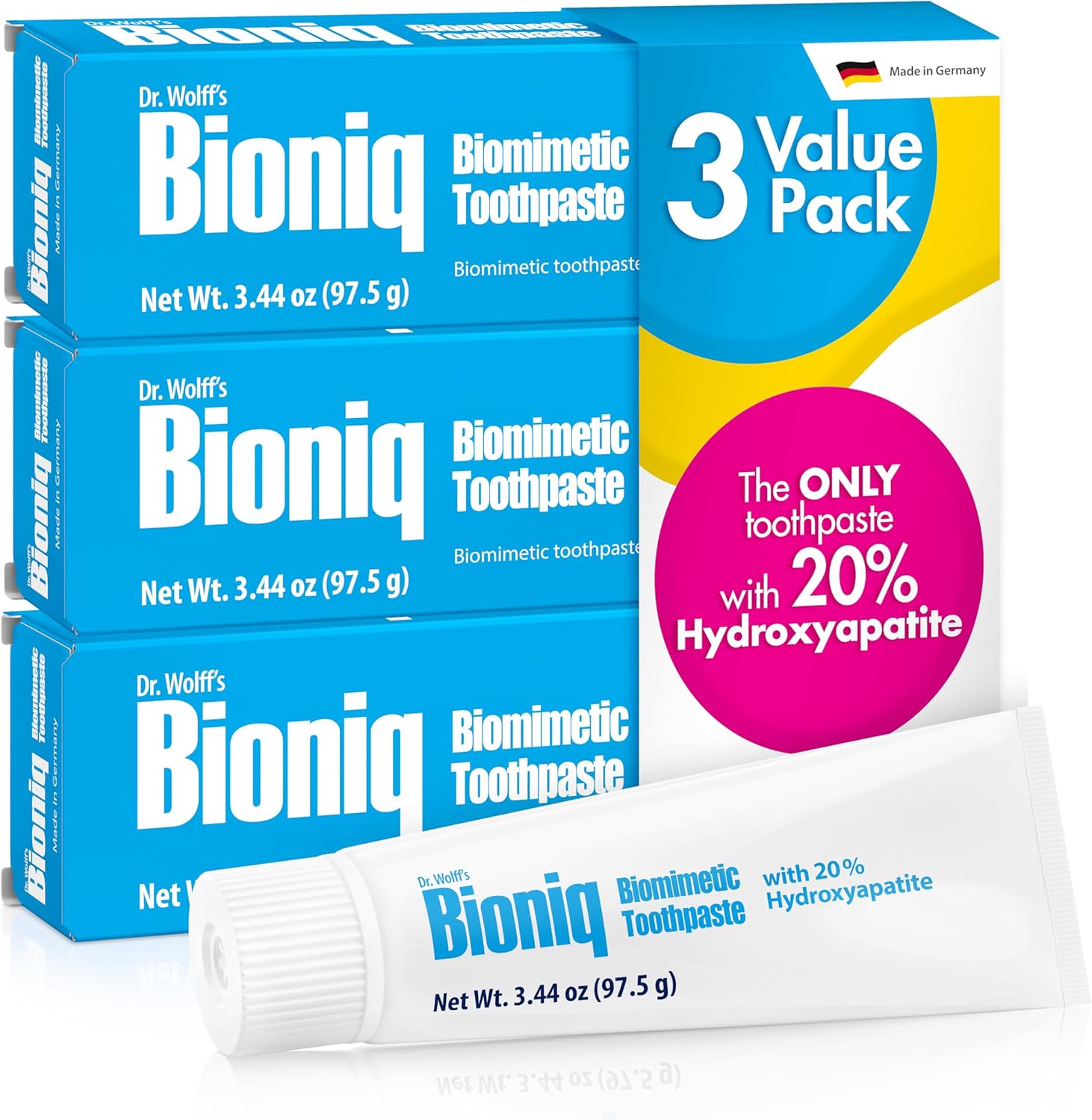 Bioniq Classic Fluoride Free Toothpaste with 20% Hydroxyapatite, Clinically Tested for Sensitive Teeth, Expert Enamel and Gum Care with Mint Flavor, Daily Use - 3.44 oz 3 Pack Family Value Size