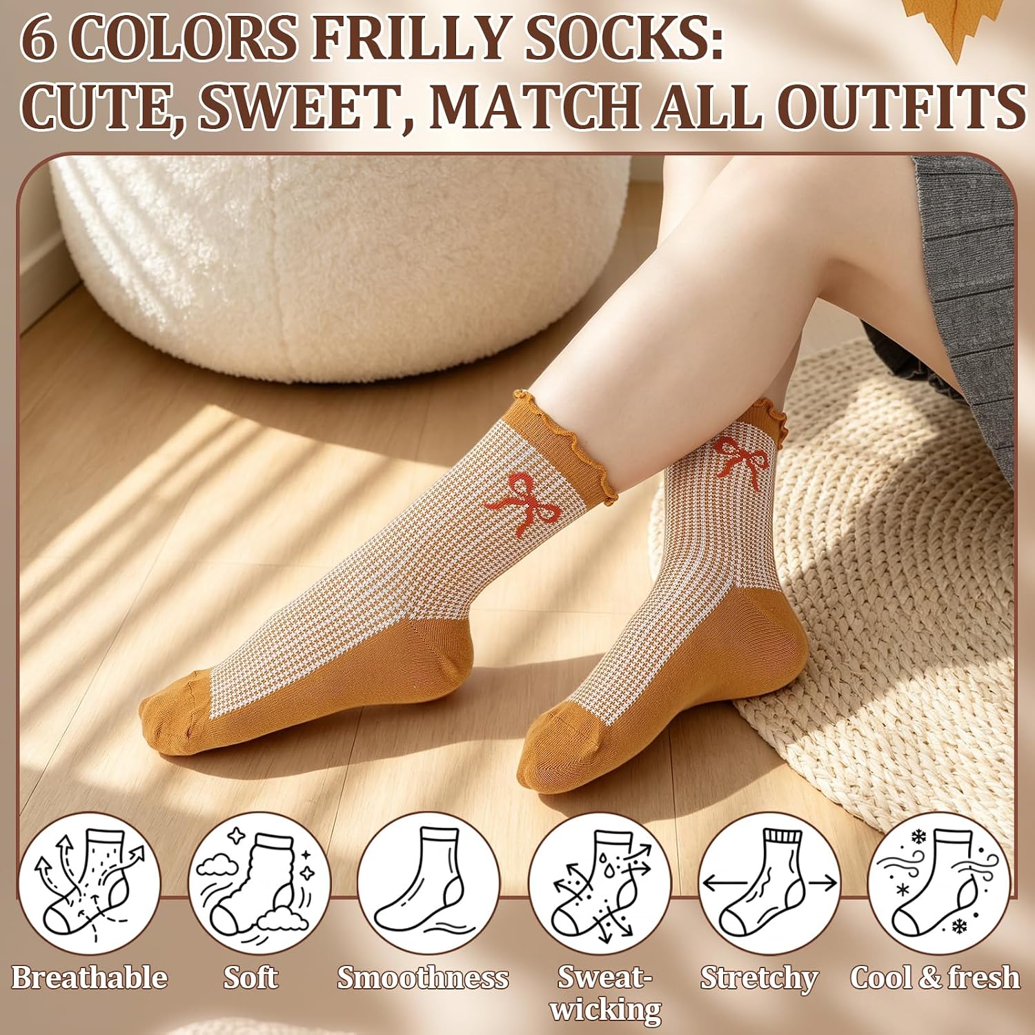6 Pairs Women Cute Bow Crew Socks, Ruffle Frill Cotton Socks Casual Novelty Socks for Women Girls