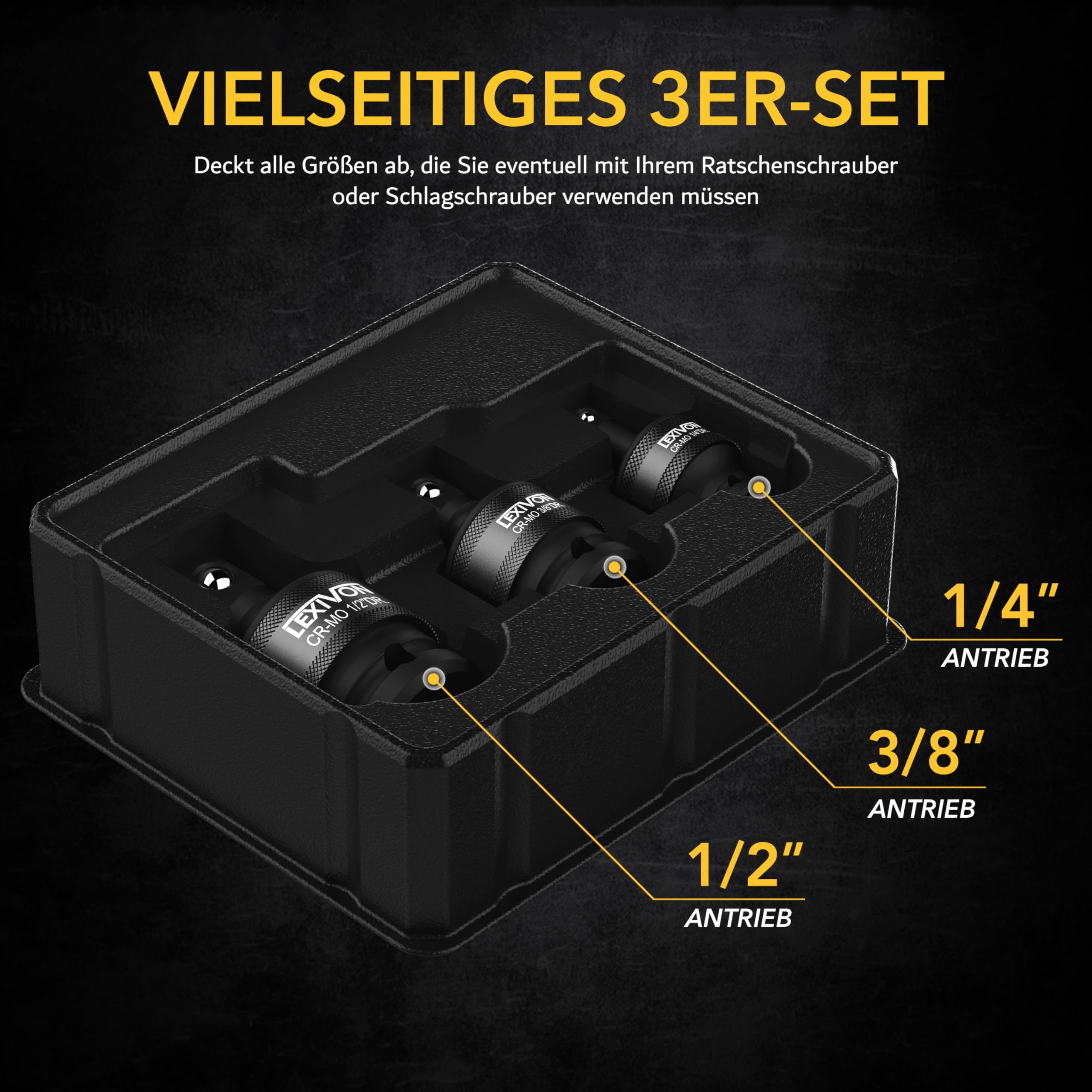 LEXIVON Schlagschrauber Kreuzgelenk-Gelenksatz | Premium 3 teilige Kugelfeder, Ausführung 1/2", 3/8" und 1/4" U-Kugelkopf passend für Drehmomentschlüssel, bohrer, steckschlüssel, ratsche (LX-113)