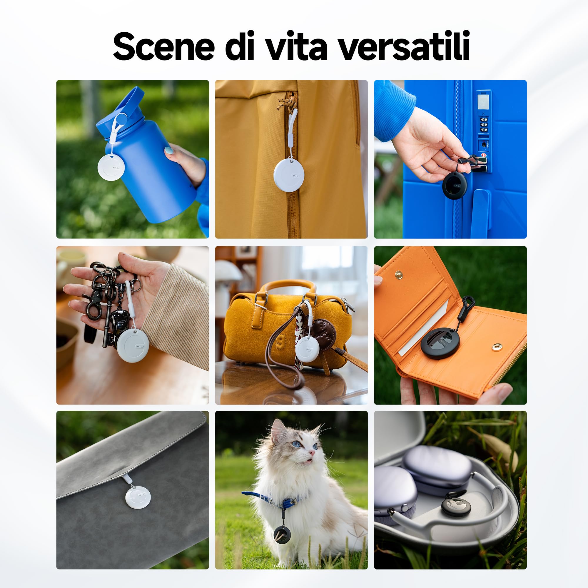 MiLi MiTag Duo Smart Tracker Tag, Localizzatore Bluetooth Compatibile Apple Dov'è e Google Funzioni Trova (iOS e Android), Trova Oggetti e Chiavi/Bagagli/Valigie/Zaini/Portafogli