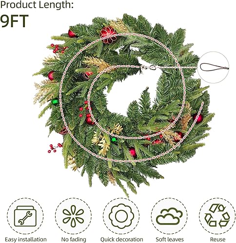 Miniatura 4 de Guirnalda de Navidad LED preiluminada de 9 pies con 20 bolas rojas, guirnalda de Navidad multifunción con 50 luces LED blancas cálidas para