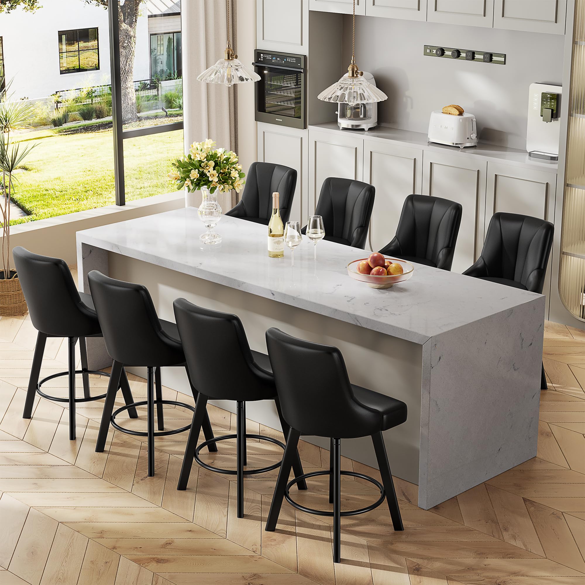 YaFiti Swivel Bar Stools with Backs, 24" Counter Height Barstools Set of 8, Fabric Upholstered Counter Bar Stools with Solid Wood Legs for Kitchen