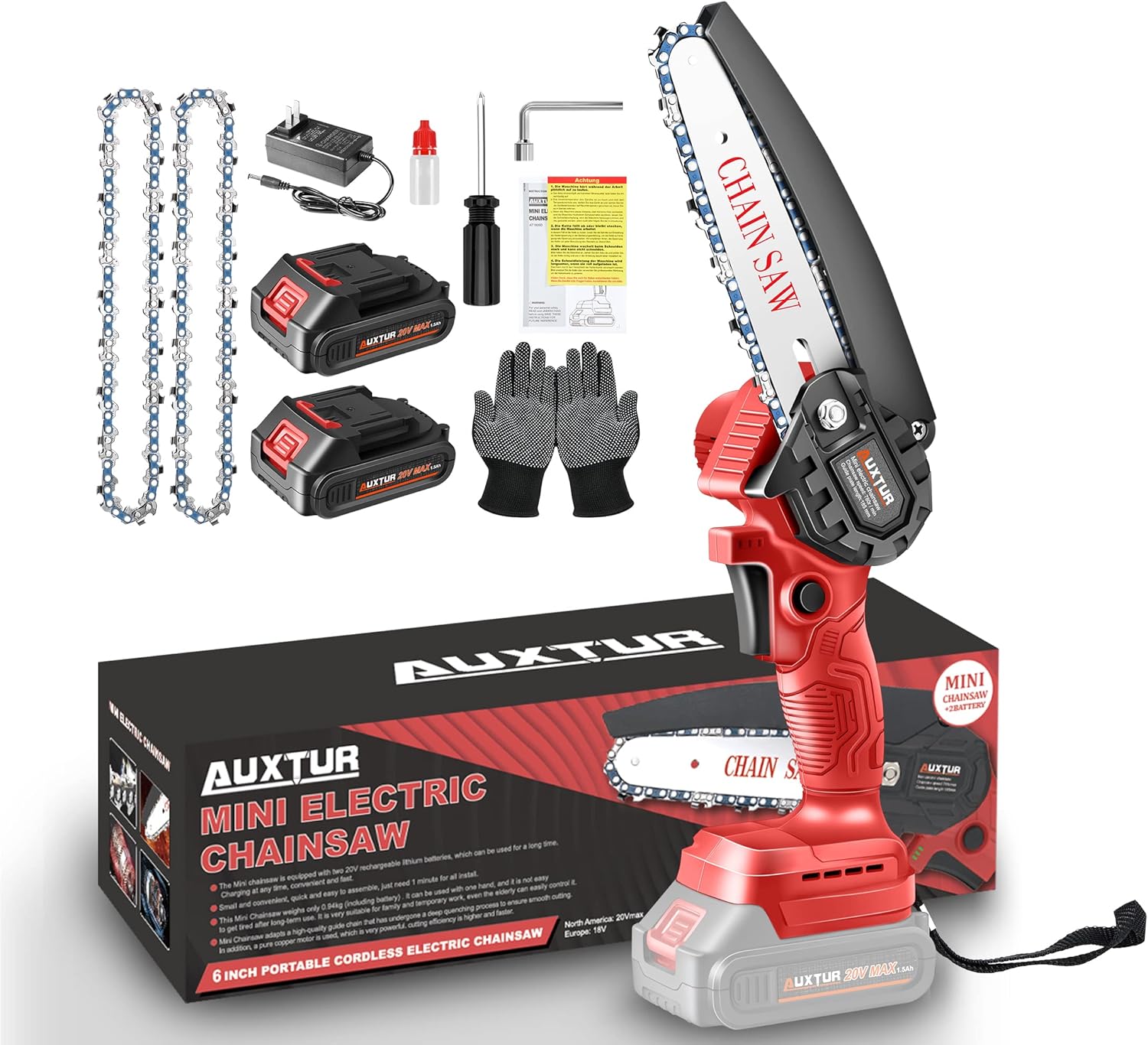 AUXTUR Mini Chainsaw 6 Inch Cordless with 2 Batteries, Mini