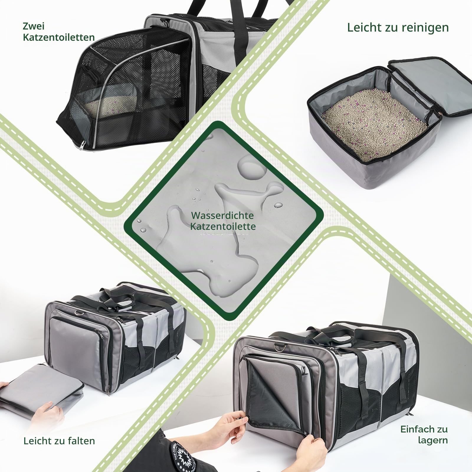 Katzentransportbox für 2 Katzen, Faltbar & Erweiterbar, Mit 2 Klappkatzenklos & Trennwand, Atmungsaktiv, Für Auto & Reise,Bis 7kg Belastbar, Grau