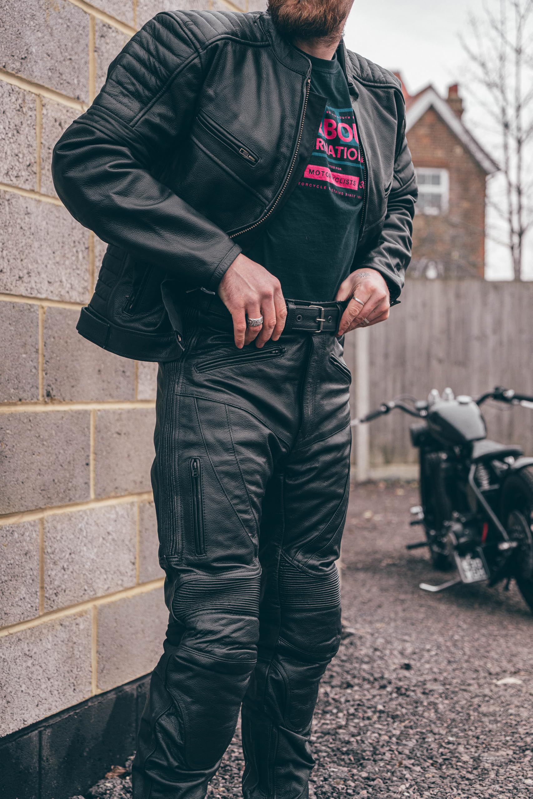 Texpeed Pantalones de moto cuero - Hombre Motocicleta turismo para motocicletas de con auténtica protección de armadura de motociclista CE (EN 1621-1) Negro - (L Cintura/Pierna Largo)