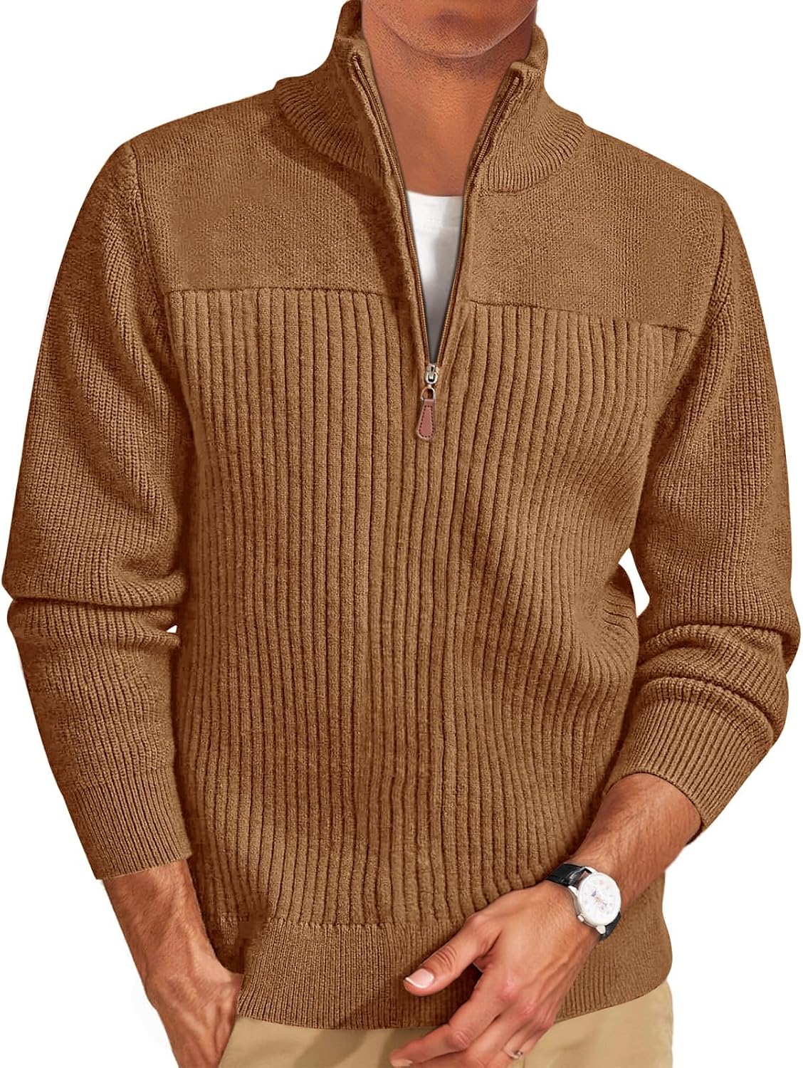 Runcati Mens Quarter Zip Sweater Mock Neck Pullover Ribbed Knit Casual Lightweight Polo Sweaters