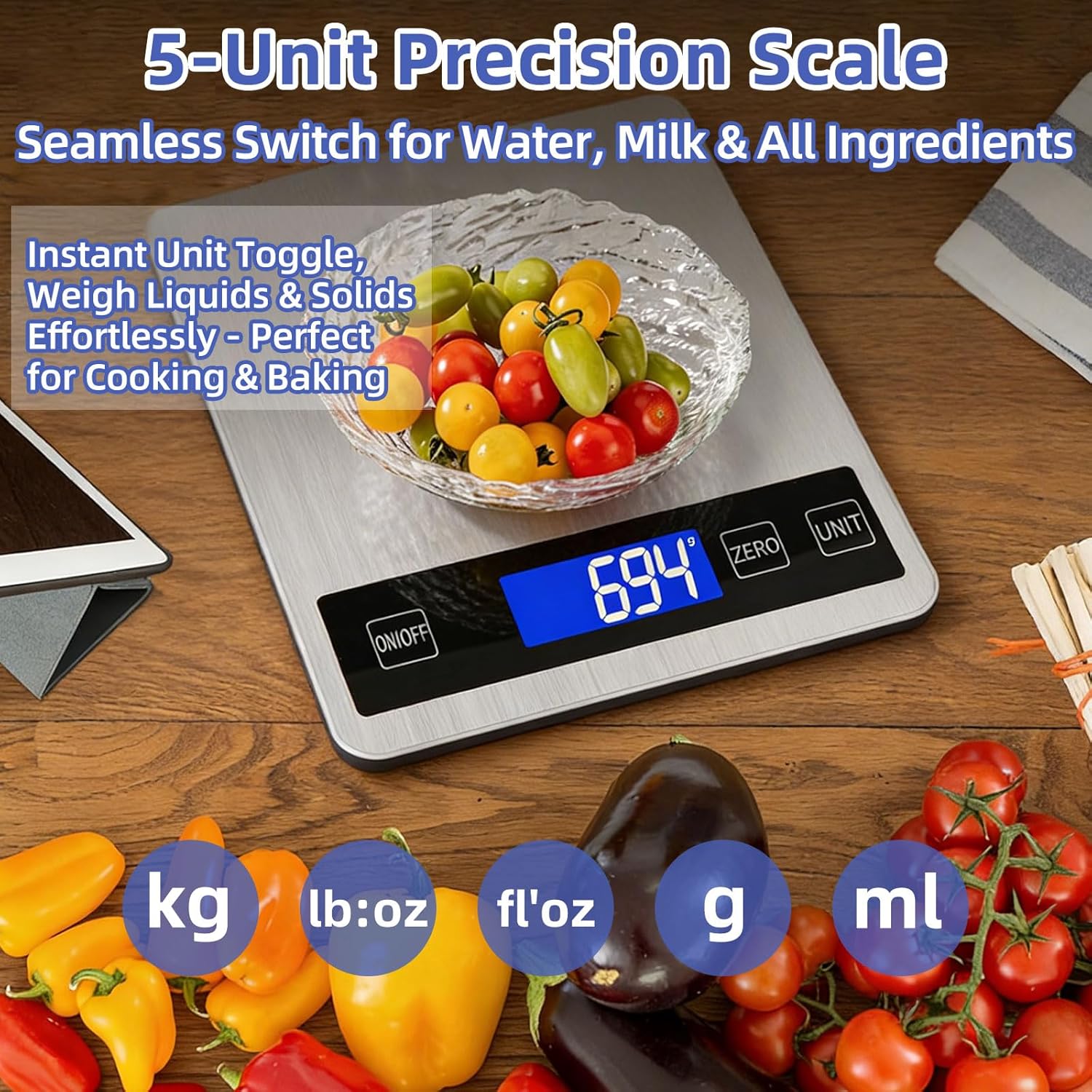 33lb Digital Kitchen Scale, Food Scale with USB Rechargeable & Batteries, 1g/0.05oz Precision, Waterproof Stainless Steel Platform, Weight in g oz lb ml for Cooking Baking Meal Prep