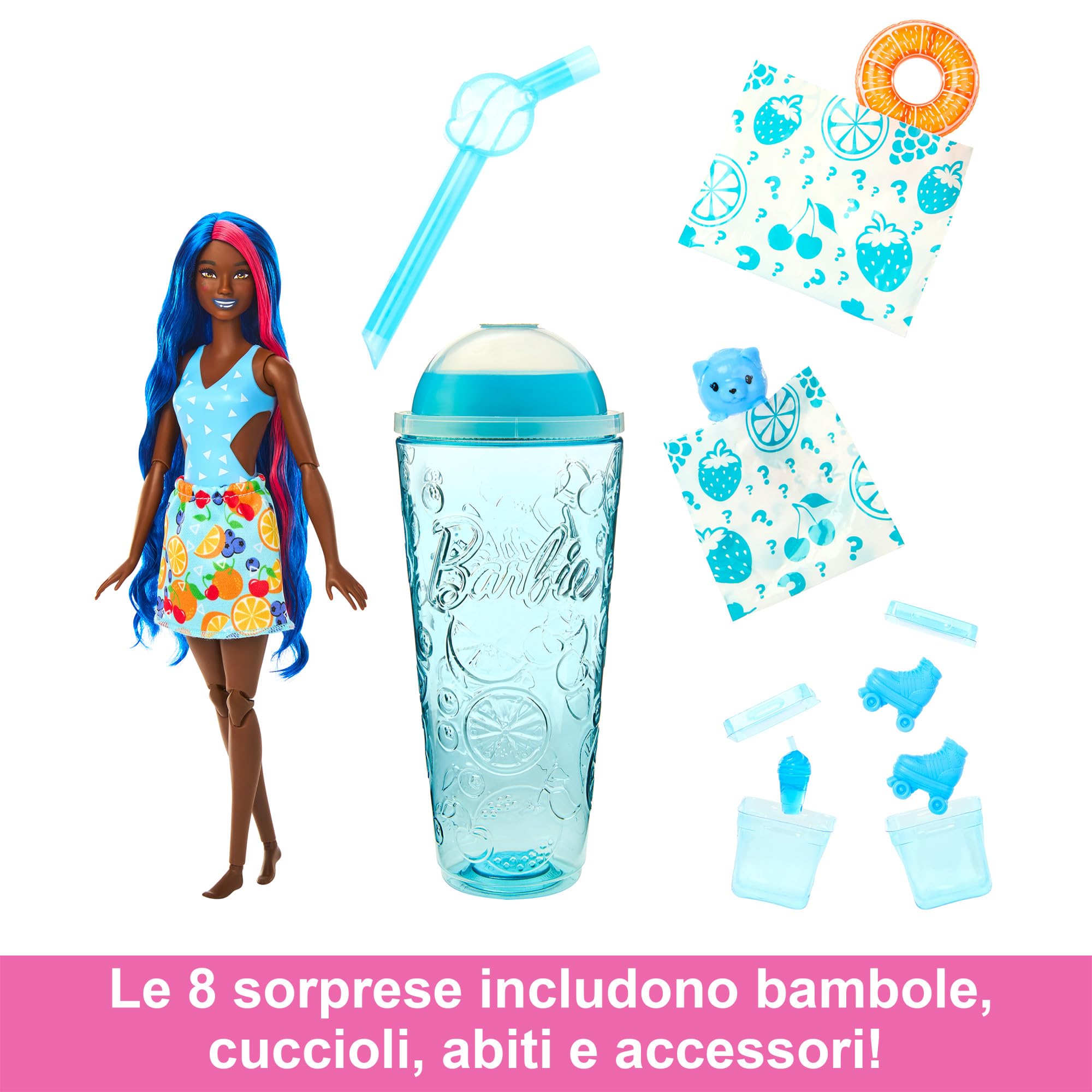 Barbie - Pop Reveal Serie Frutta, Bambola a Tema Punch di Frutta con 8 sorprese profumate e con Effetto Cambia Colore, Cucciolo e Accessori Slime Inclusi, Giocattolo per Bambini, 3+ Anni, HNW42