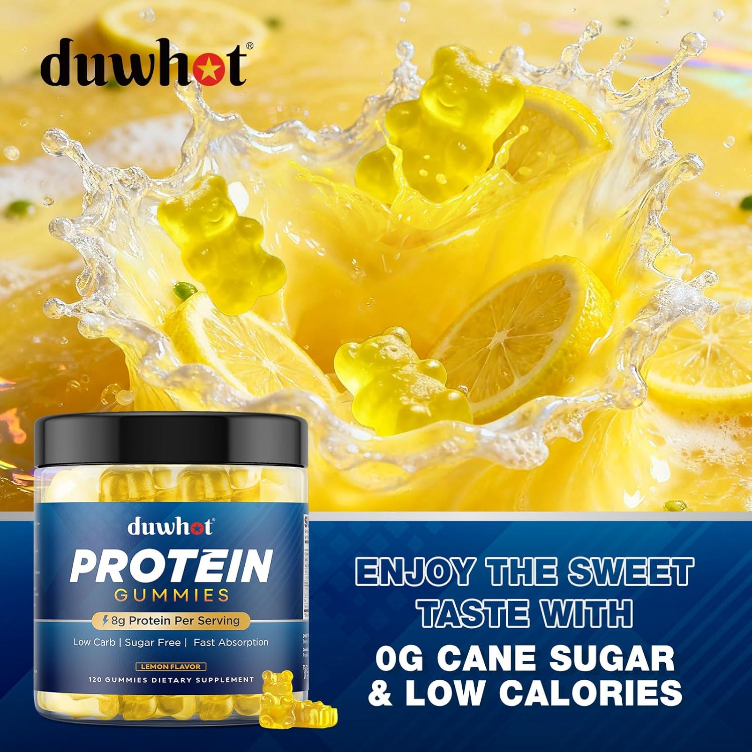 duwhot Whey Protein Gummies Sugar Free, Low Calorie 8g Protein Per Serving, Easy to Take Snacks for Men & Women, Lemon Flavor, 1 Month Supply, 120 Chews