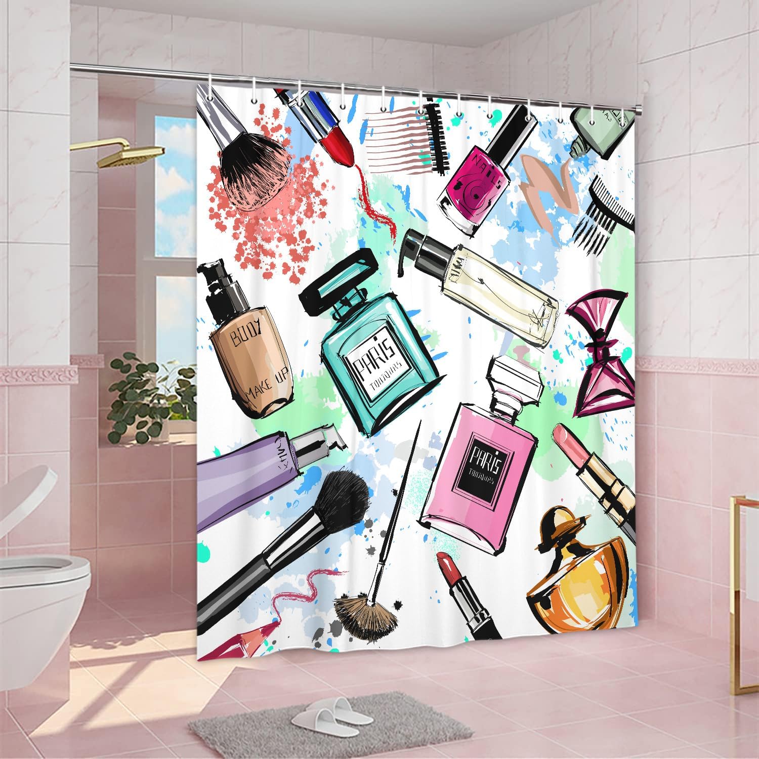 JAWO Women Girl Cosmetic Shower Curtains, Stylish Watercolor Perfume and Lipstick, Fabric Bathroom Curtain Set with Hooks, Waterproof 69x75 Inches （Blue）