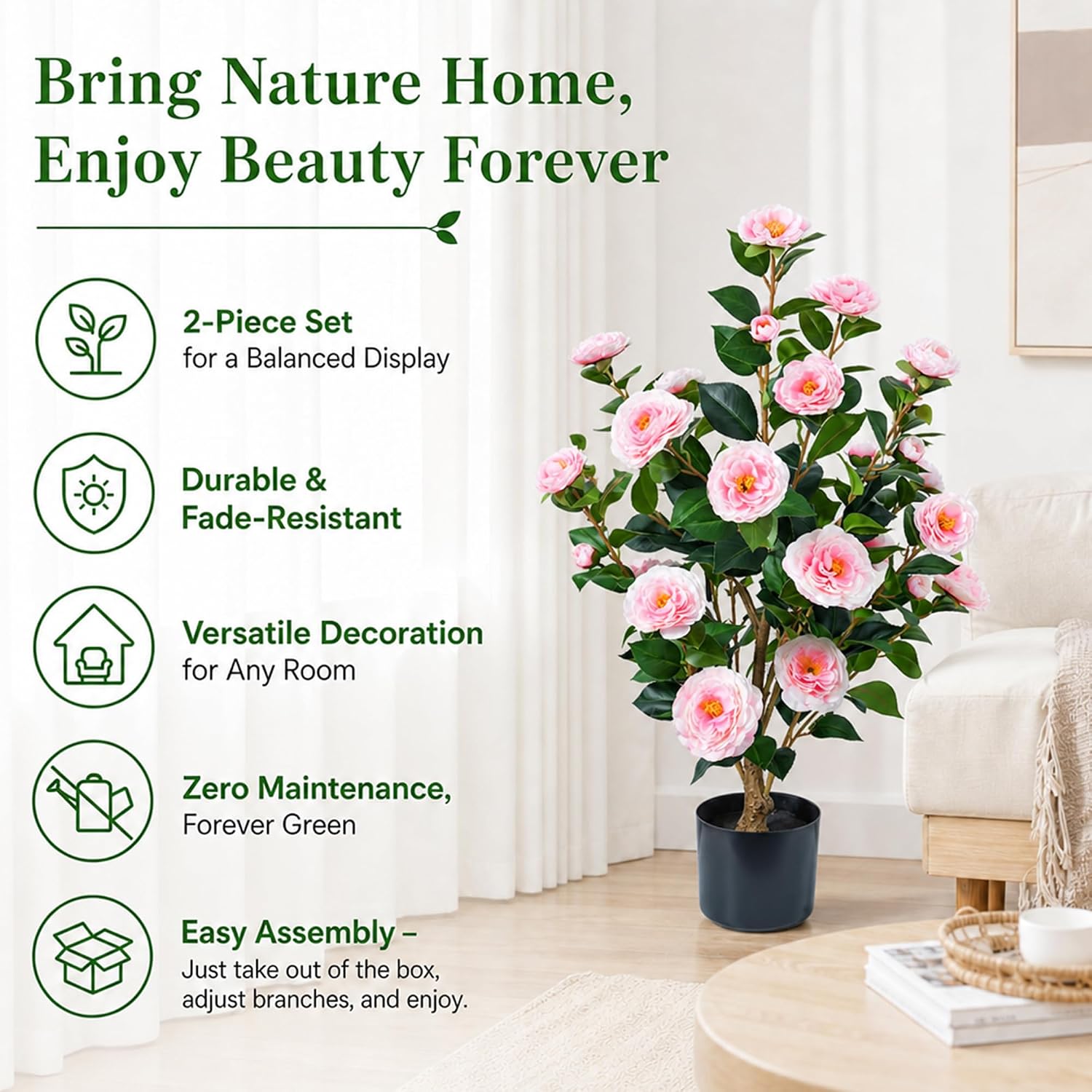 3ft Artificial Camellia Tree 2 Pack, 34 Inches Faux Camellia Plant in Pot,Fake Potted Camellia Flower Trees UV Resistant for Modern Home Office Living Room Floor Indoor Outdoor Patio Decor