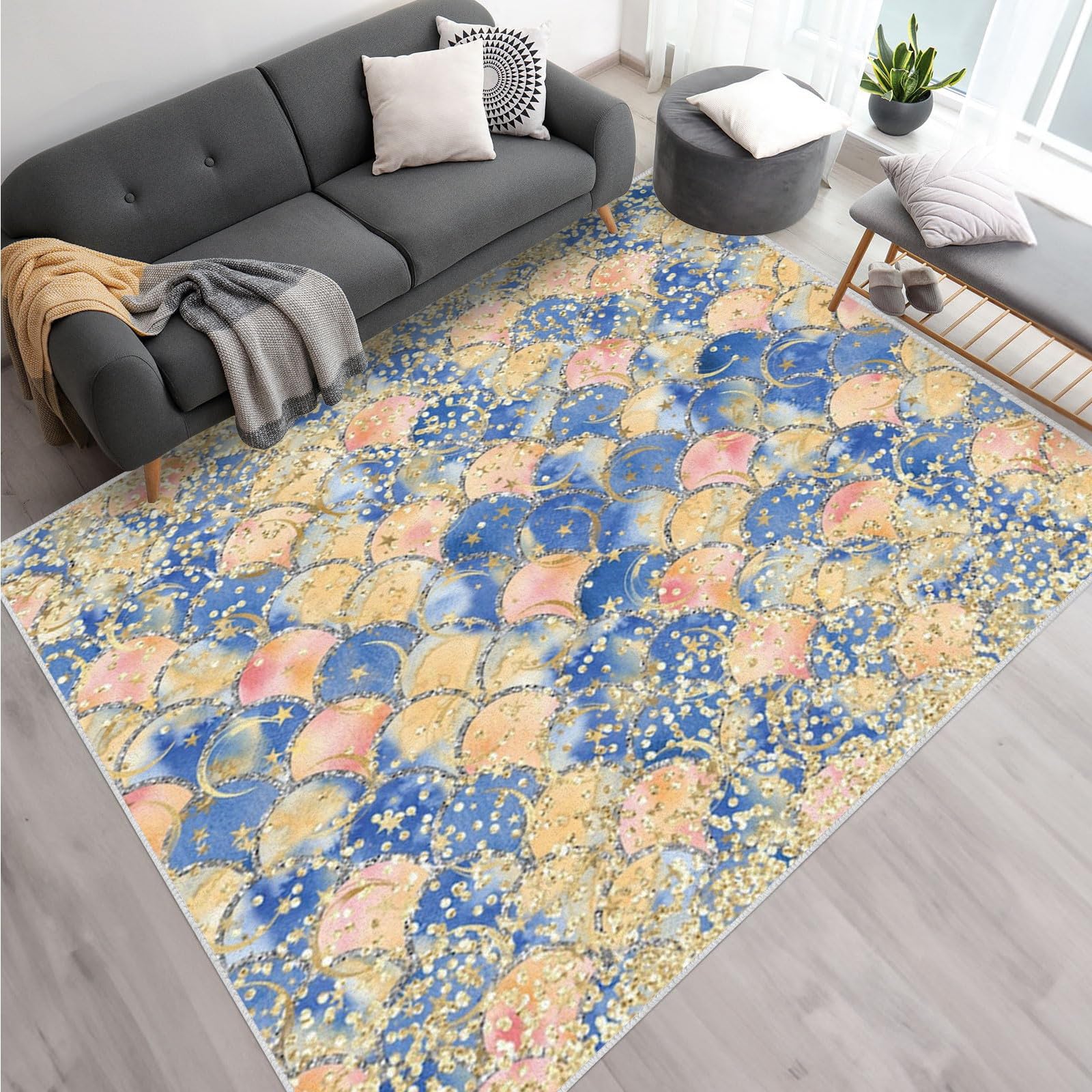 Waschbar Wohnzimmer Teppich Fischschuppen 200x250 Kurzflor Teppich Schlafzimmer, Glitzer Teppich Gegend Dünn Bettvorleger Saugfähig für Jugendzimmer Jungen Mädchen