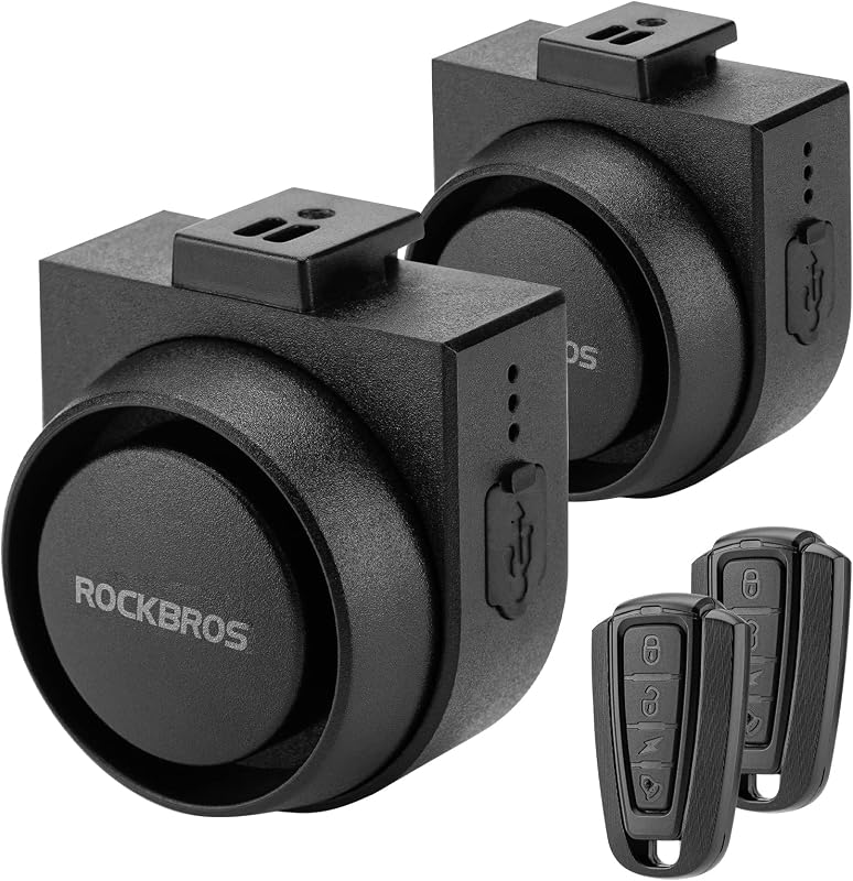 ROCKBROS Alarma de bicicleta de 115 dB con sensor de movimiento remoto antirrobo, paquete de 2 | Impermeable, control remoto inalámbrico, sistema de seguridad antirrobo por vibración, apto para motocicleta eBike