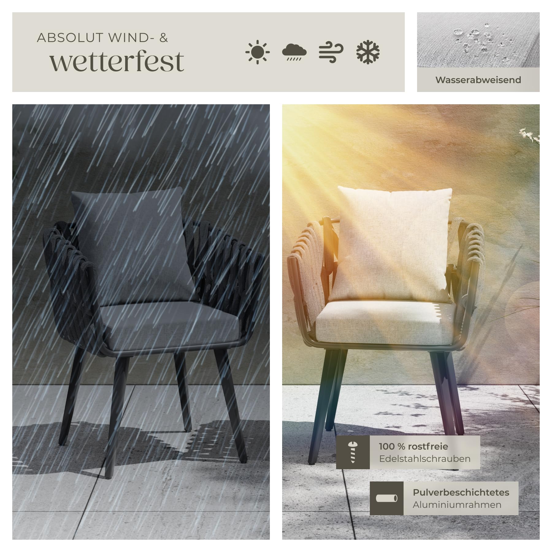 tectake® Gartenstuhl mit Alu Gestell, Outdoor Stuhl aus Metall, Sessel mit Sitzpolster + Kissen, Garten Balkon Terrassenstuhl, Gartensessel, Rope Design Geflecht-Stuhl mit Polster, Lounge wetterfest