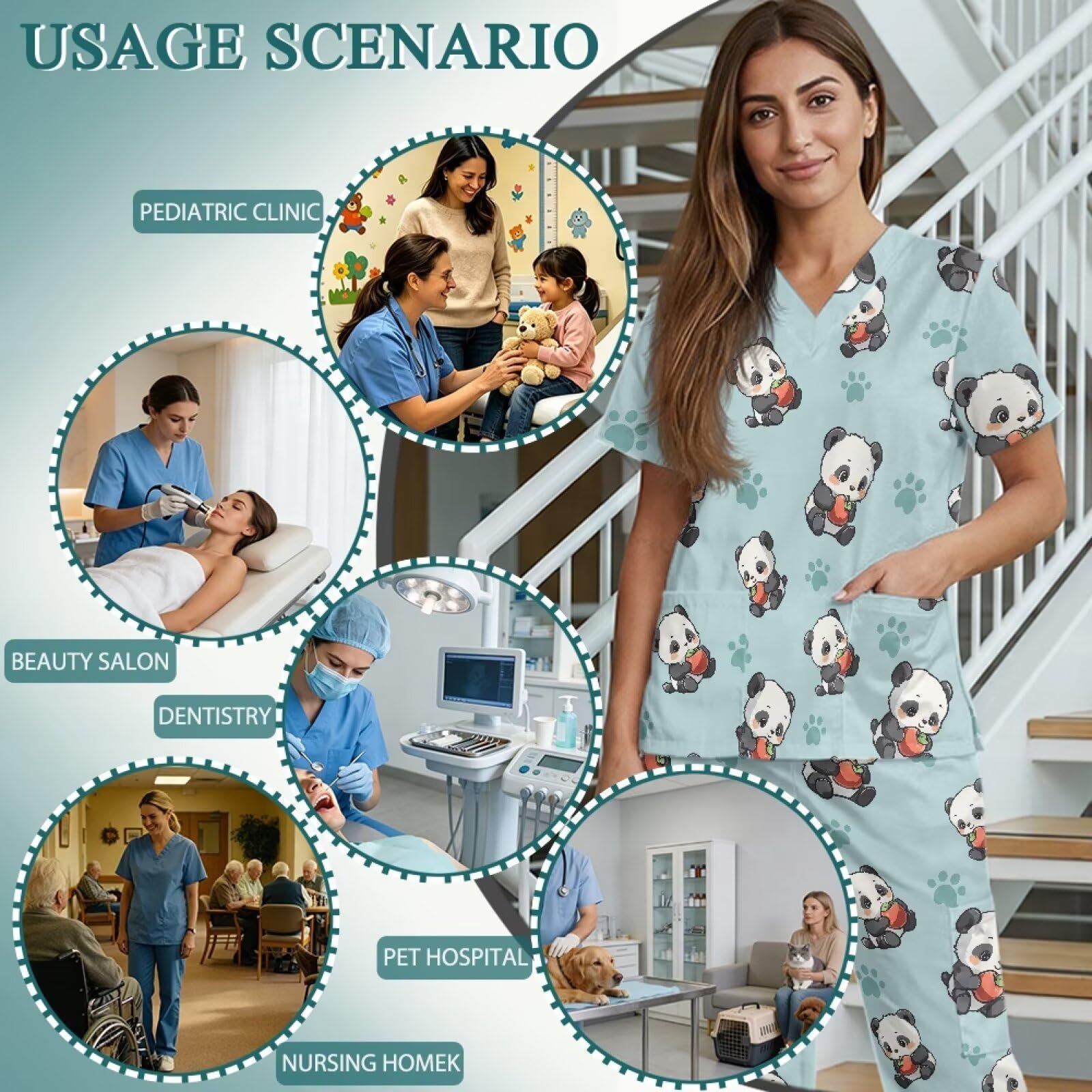 Uroczy zestaw peelingów pandy dla kobiet, zapobiegający blaknięciu, top i 6 kieszeni, spodnie z prostą nogawką z elastyczną talią, niezbędne CNA do pracy, niebieskie