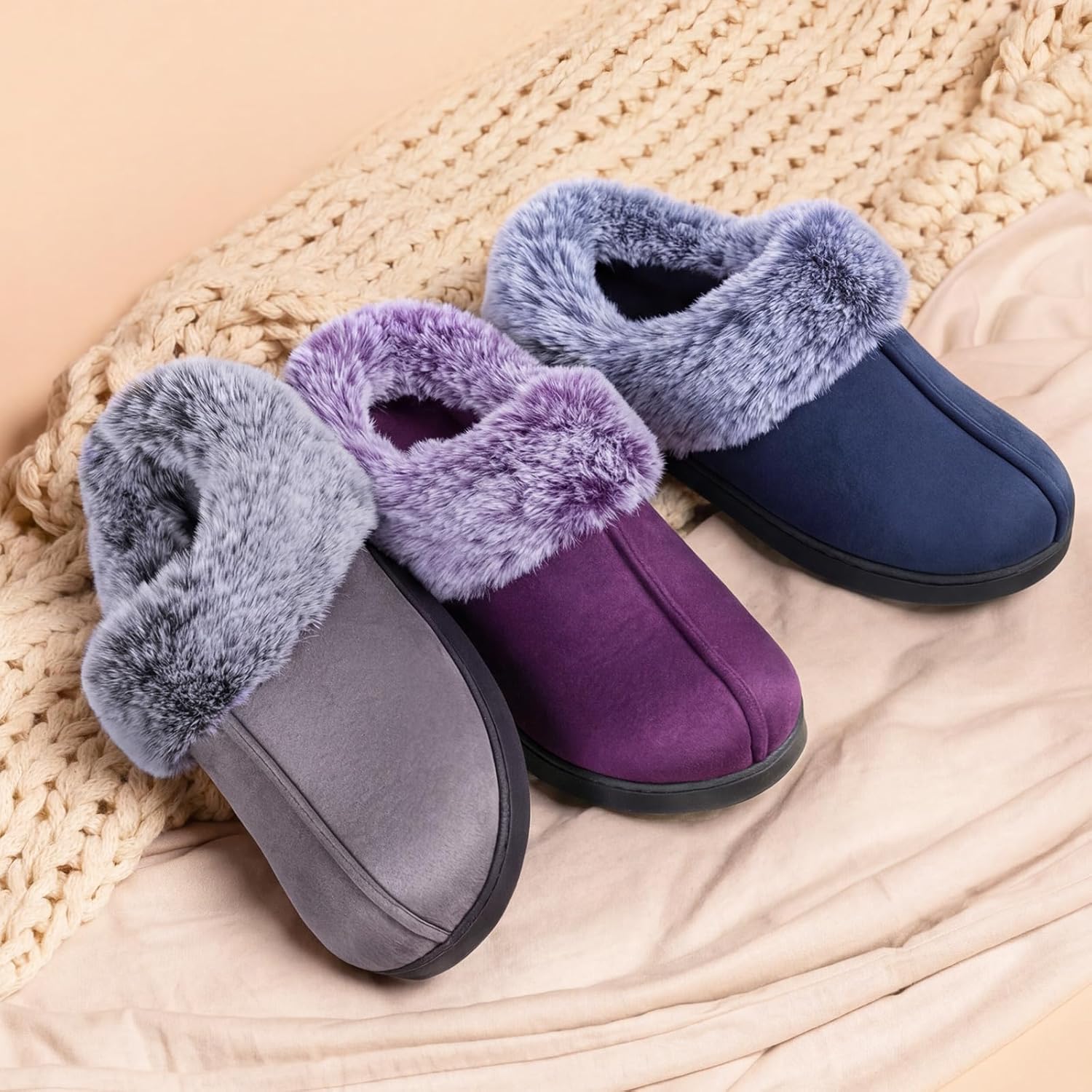 HomeTop Women's Classic Microsuede Memory Foam Slippers Durable Rubber Sole with Warm Faux Fur Collar - Image 6