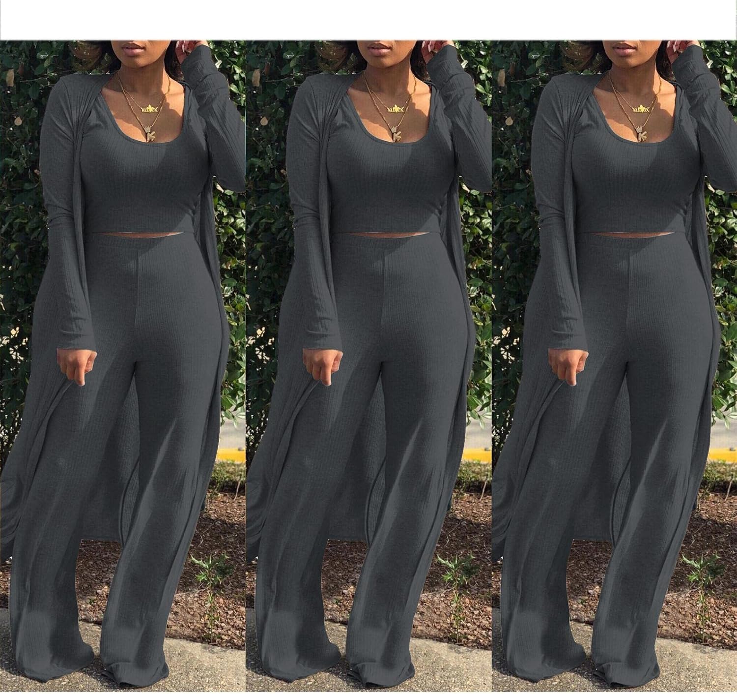 HANMAX Women's Tracksuit Winter Autumn Knitted Long-sleeved Blazer Coat Tank Long Pants Three Piece Sets Outfit - Image 4