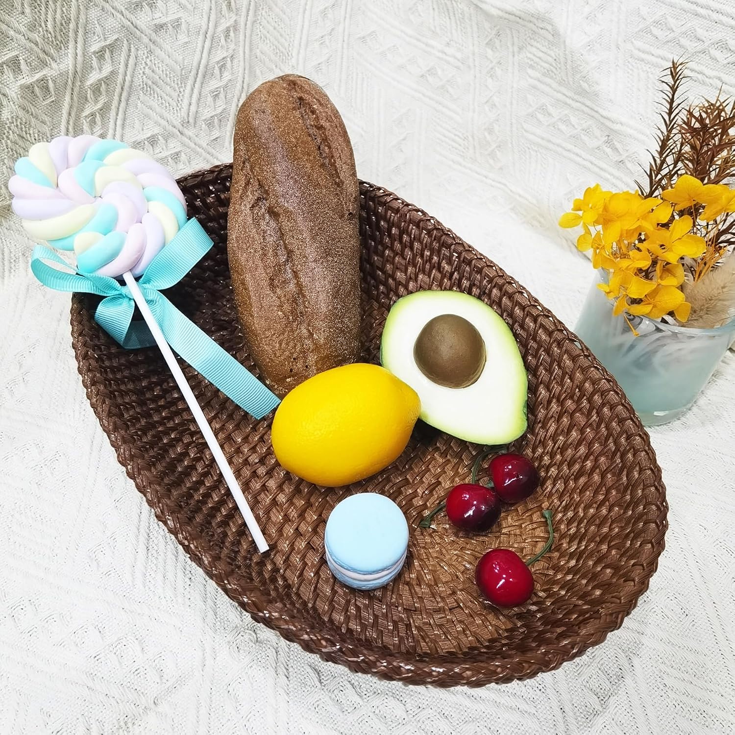 i-lan Handmand Dark Brown Oval Rattan Bread Basket,Natural Rattan Oval Fruit Bowl,Coffee Table Tray for Food Storage,Snack,Vegetable (L: 12.5")