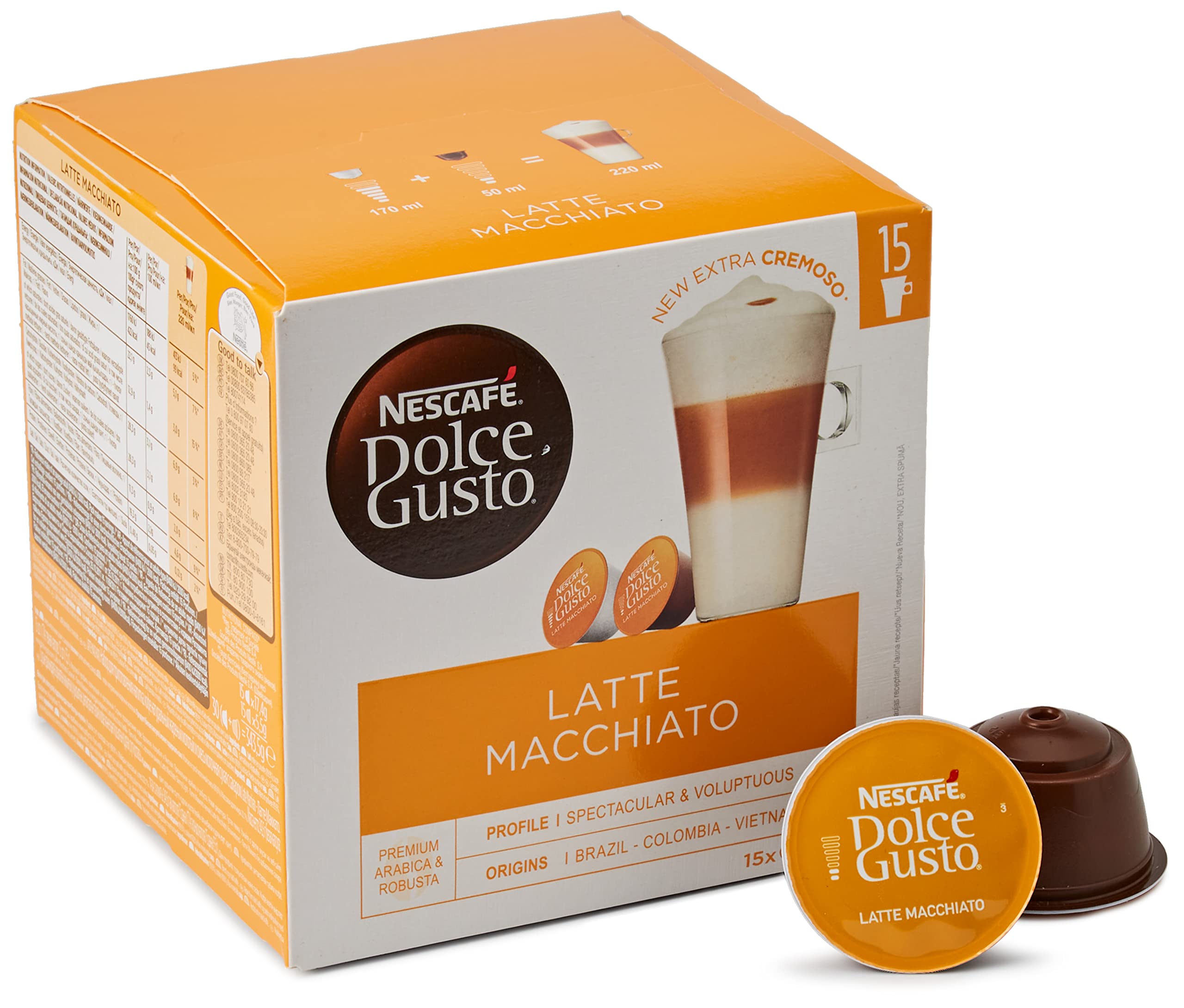 NESCAFÉ Dolce Gusto Latte Macchiato Vorratsbox 90 Kaffeekapseln (Aromatischer Espresso, 3-Schichten -Köstlichkeit aus feinem Milchschaum & Latte Macchiato, 48 Kaffeekapseln