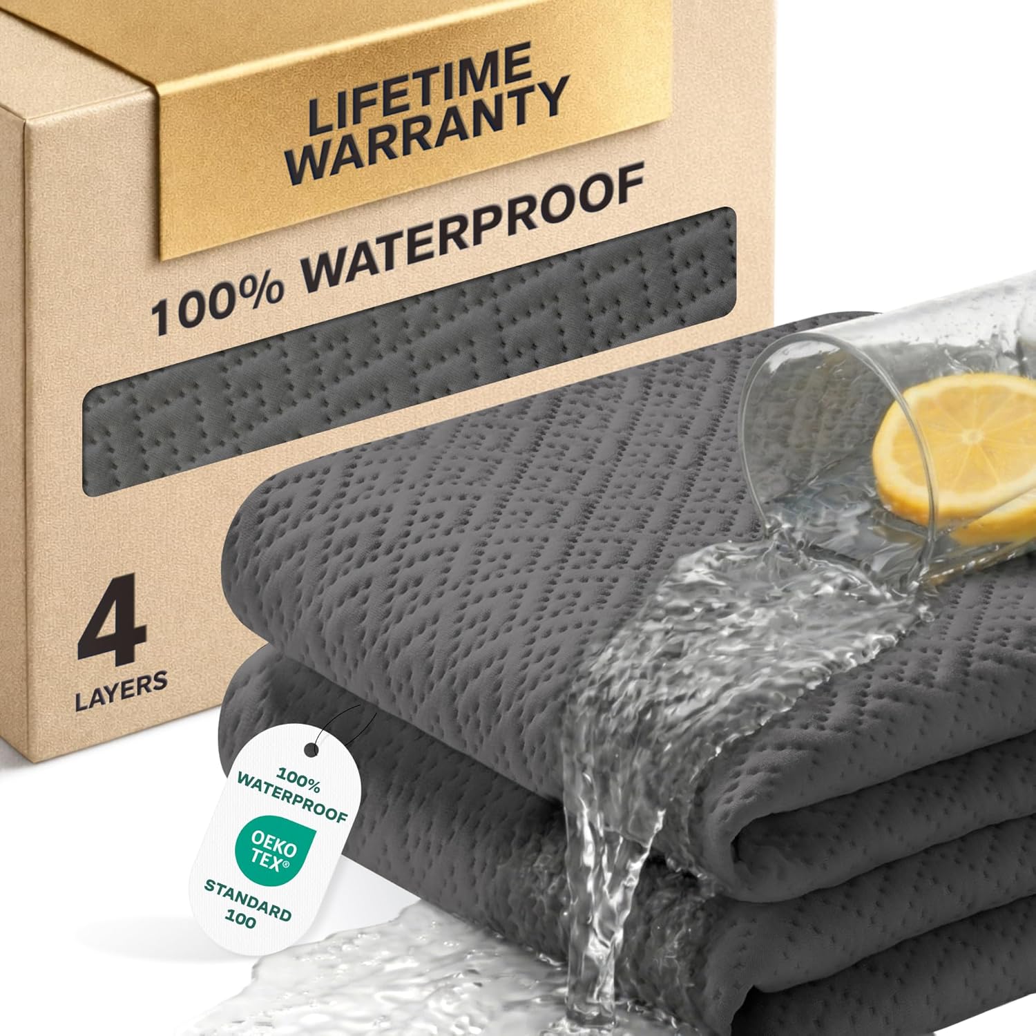 100% Waterproof King Mattress Protector - 360 Pad Protection Against Spills, Stains & Accidents for Parents & Pet Owners - Noiseless & Cooling Viscose Made from Bamboo (Gray)
