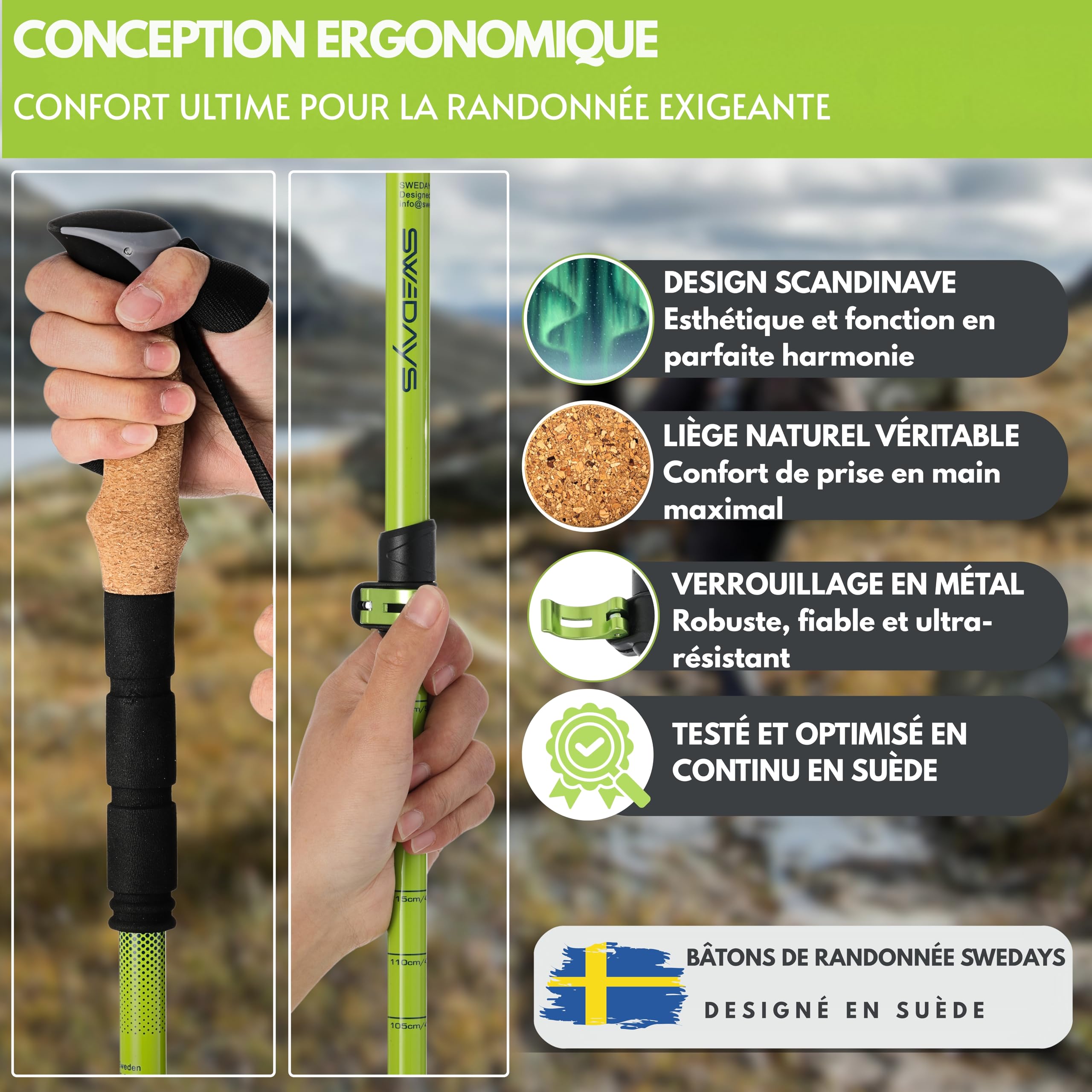 Bâtons de randonnée télescopiques pour Homme et Femme - Bâtons de Trekking légers et réglables de 63 à 135 cm - en Aluminium avec poignée en liège et Tampon en Caoutchouc