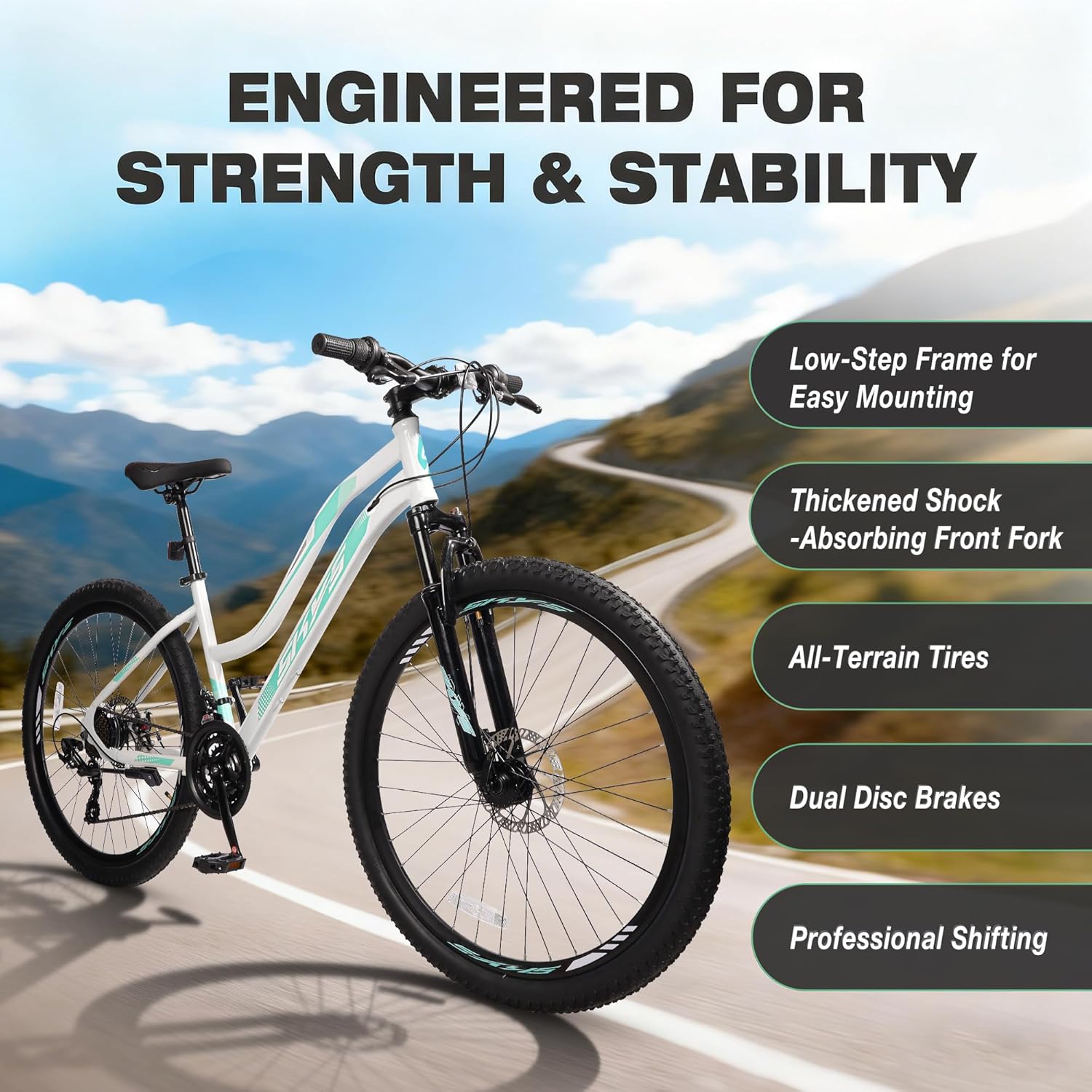 Convend 26 Inch Mountain Bike for Adults & Teens, 21-Speed Pro Gear with Twist Shifter, Dual Disc Brakes & Front Suspension Fork, All-Terrain Tires, White