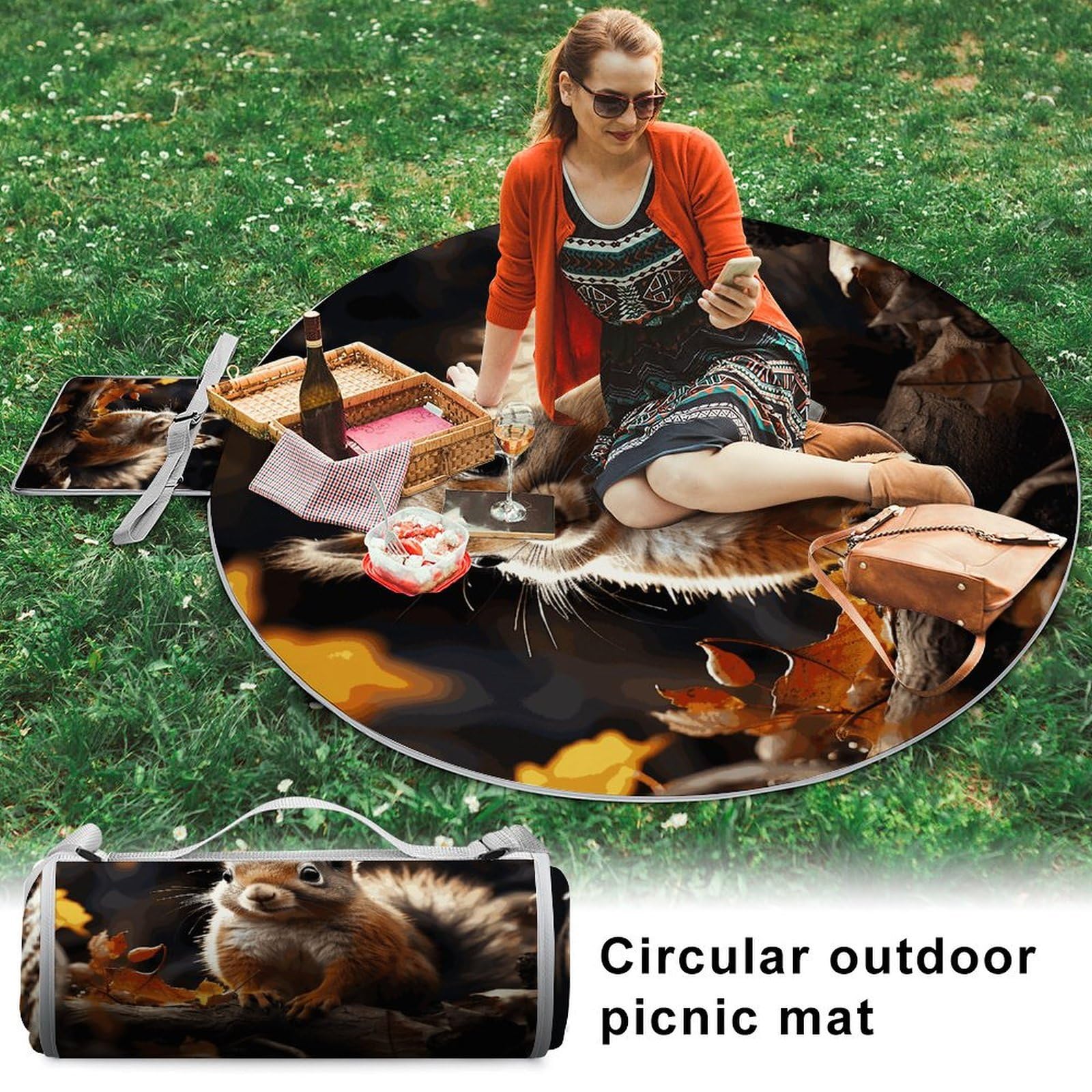 Manta de picnic redonda plegable y ligera, con diseño de ardilla en el bosque, manta de playa impermeable, manta para exteriores, para primavera, verano, camping, parque, viajes, hierba