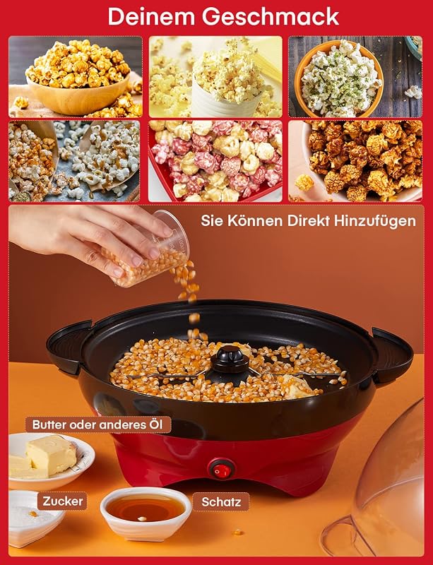 FOHERE 5,5 L aparat de făcut popcorn roșu pentru acasă, strat antiaderent, pentru preparare cu zahăr și unt, suprafață de încălzire detașabilă, silențios, rapid, capac mare tip bol