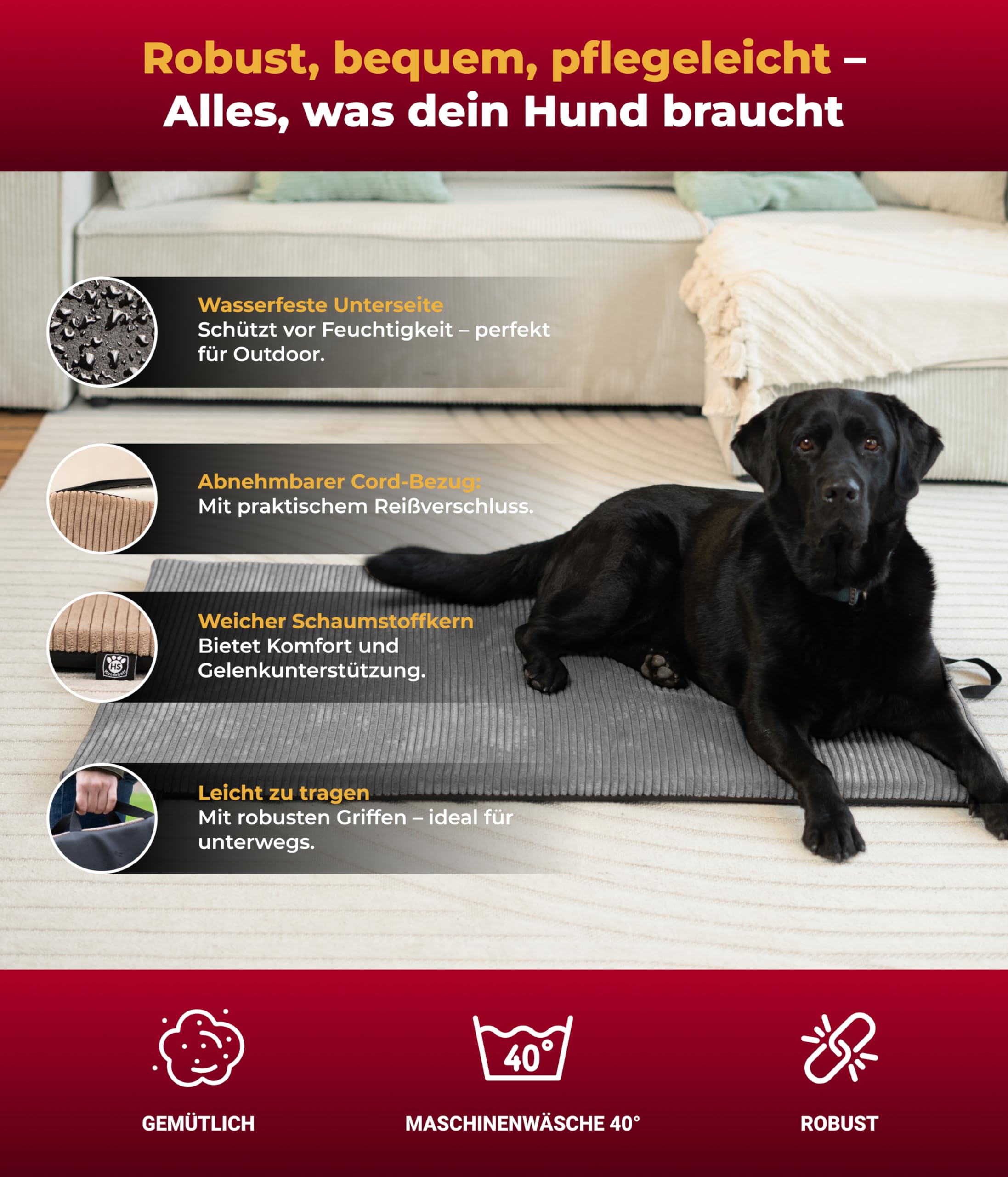 Hundematte In- und Outdoor (85x120 cm) – Bequemes Reisebett – Wasserfeste Unterseite – Waschbar & robust – Anthrazit, Made in Germany