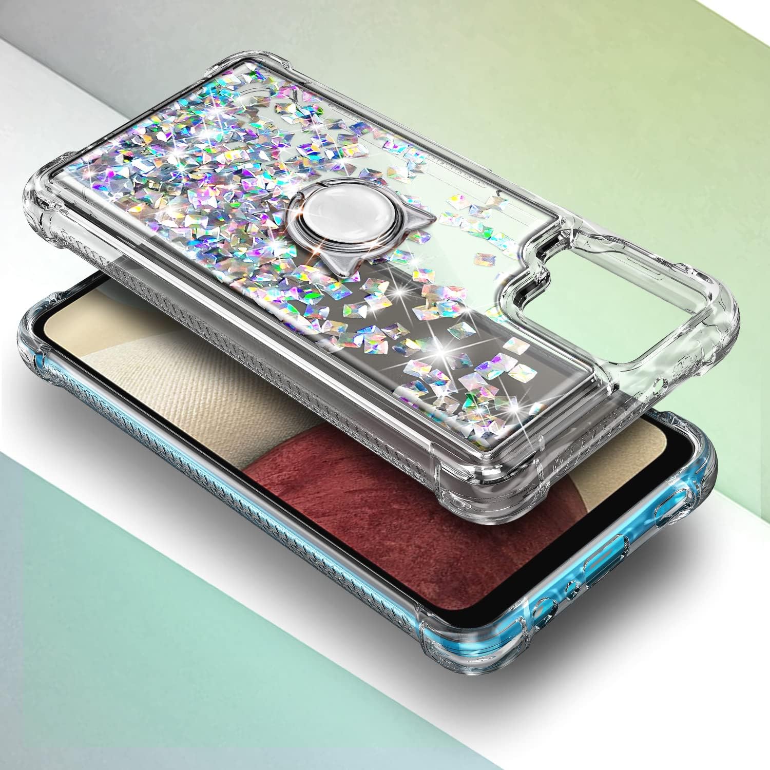 NZND Case for Samsung Galaxy A12 with Tempered Glass Screen Protector (Maximum Coverage), Ring Holder, Sparkle Glitter Flowing Liquid Bling Diamond, Women Girls Cute Phone Case (Gem)