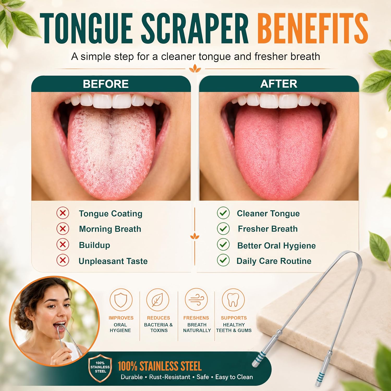 Tongue Scraper for Adults, 2 Pack Stainless Steel Tongue Cleaner Green Handle, Easy to Use Metal Tongue Scrubber, Reusable Oral Hygiene Tool for Bad Breath