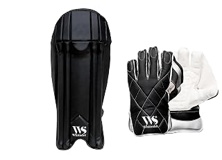 WHITEDOT Sports Albatross Leather Cricket Wicket Keeping Pad with Wicket Keeping Gloves, Black, Suitable for Youth (Medium)