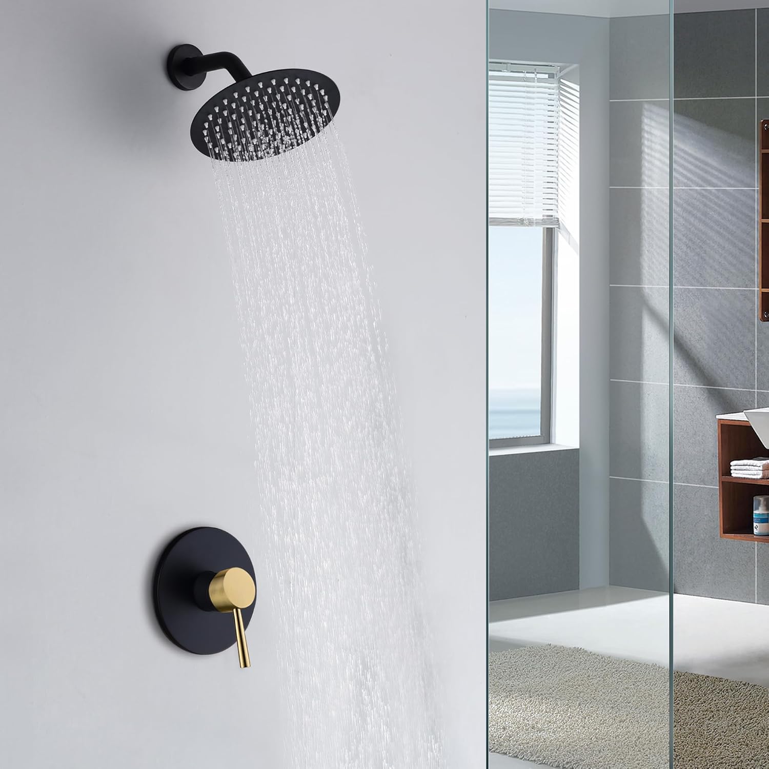 SUMERAIN Single-Function Shower Faucet Set Black and Gold, Stainless Steel 8 Inch Rain Shower Head Single Handle With Rough-in Valve Shower Trim Kit