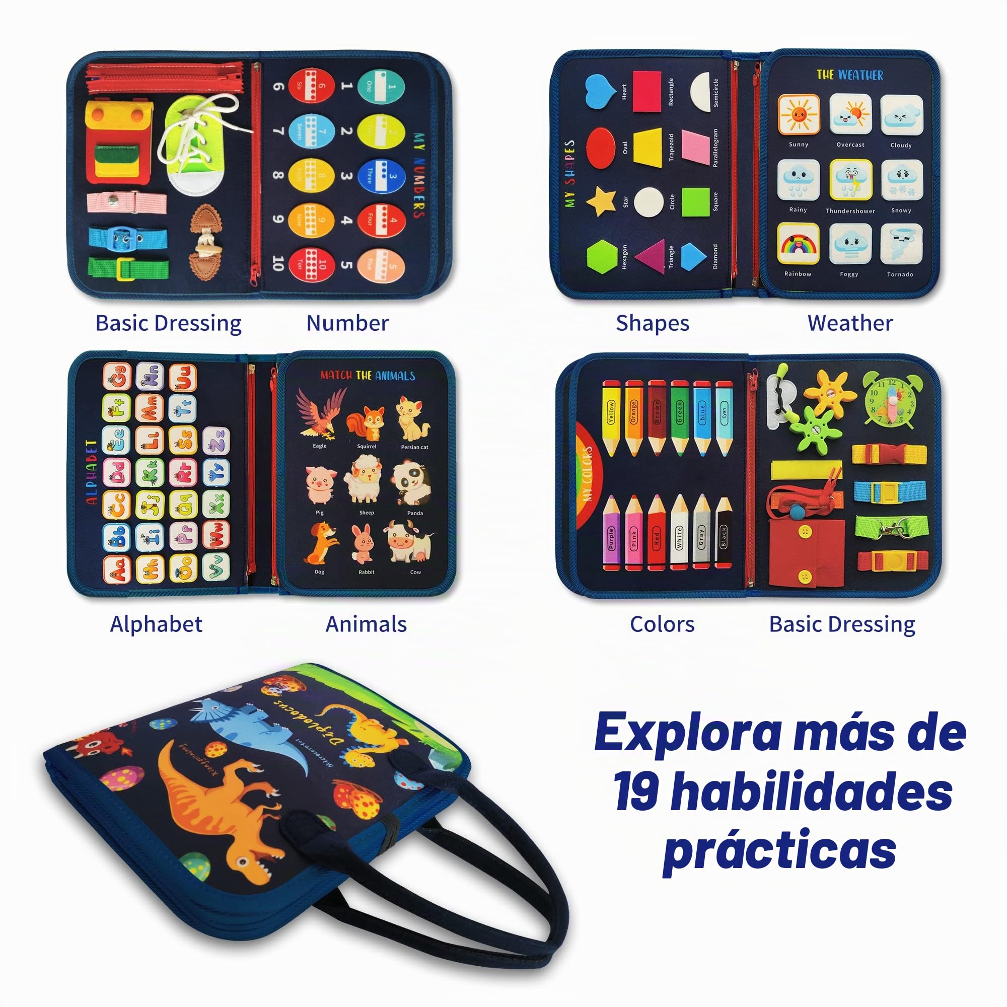 LearnToy Busy Board - Juguetes de Dinosaurio Montessori de 1 2 3 años - Juguetes sensoriales para Autismo - Juguetes de Viaje para niños - Tablero de Actividades Regalo para niños y niñas.