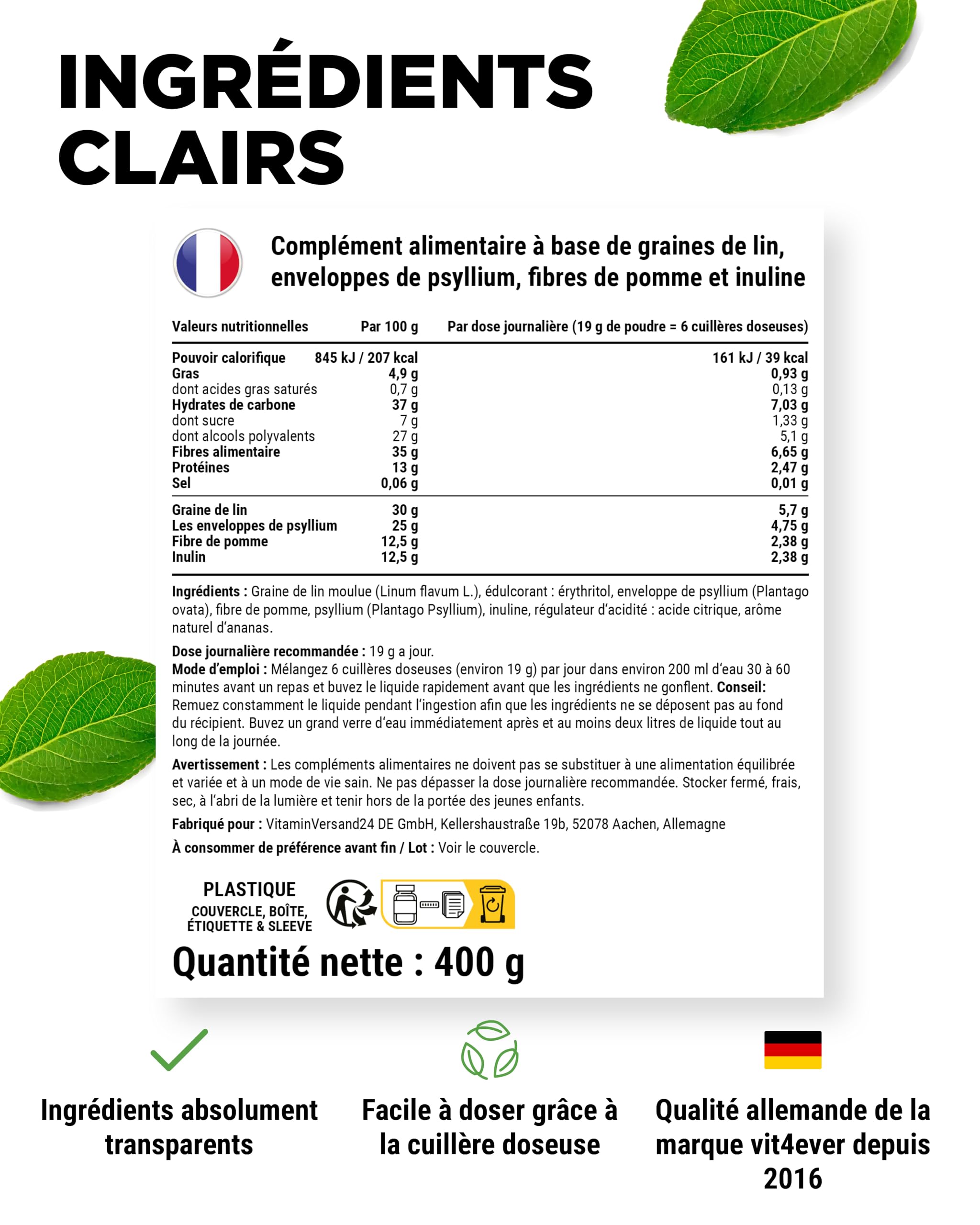 vit4ever Mélange de Fibres - 400 g de Poudre avec Téguments de Psyllium, Inuline (Prébiotique), Fibres de Pomme, Graines de Lin - Riche en Fibres - Végan - Arôme Naturel d’Ananas - Qualité Premium