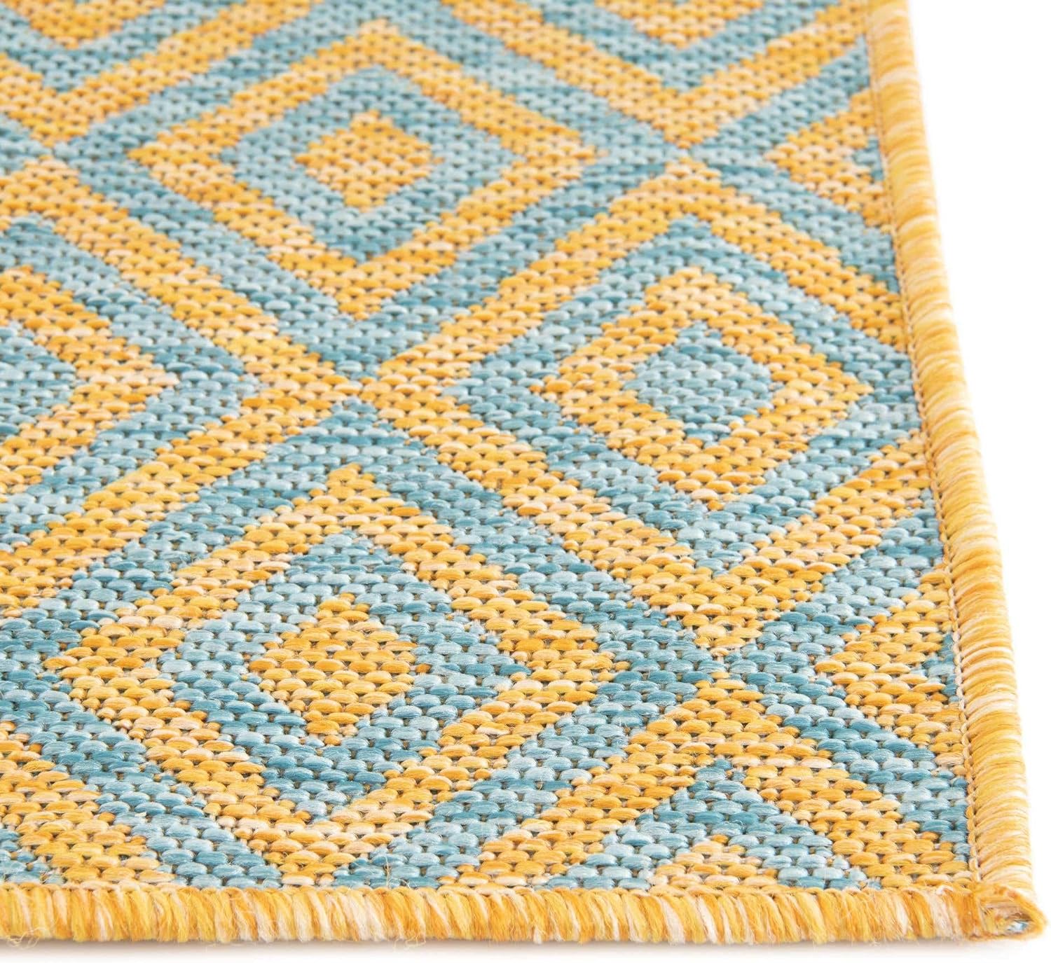 Rugs.com Jill Zarin Outdoor Collection Rug – 3' 3 x 5' 3 Yellow and Aqua Flatweave Rug Perfect for Entryways, Kitchens, Breakfast Nooks, Accent Pieces