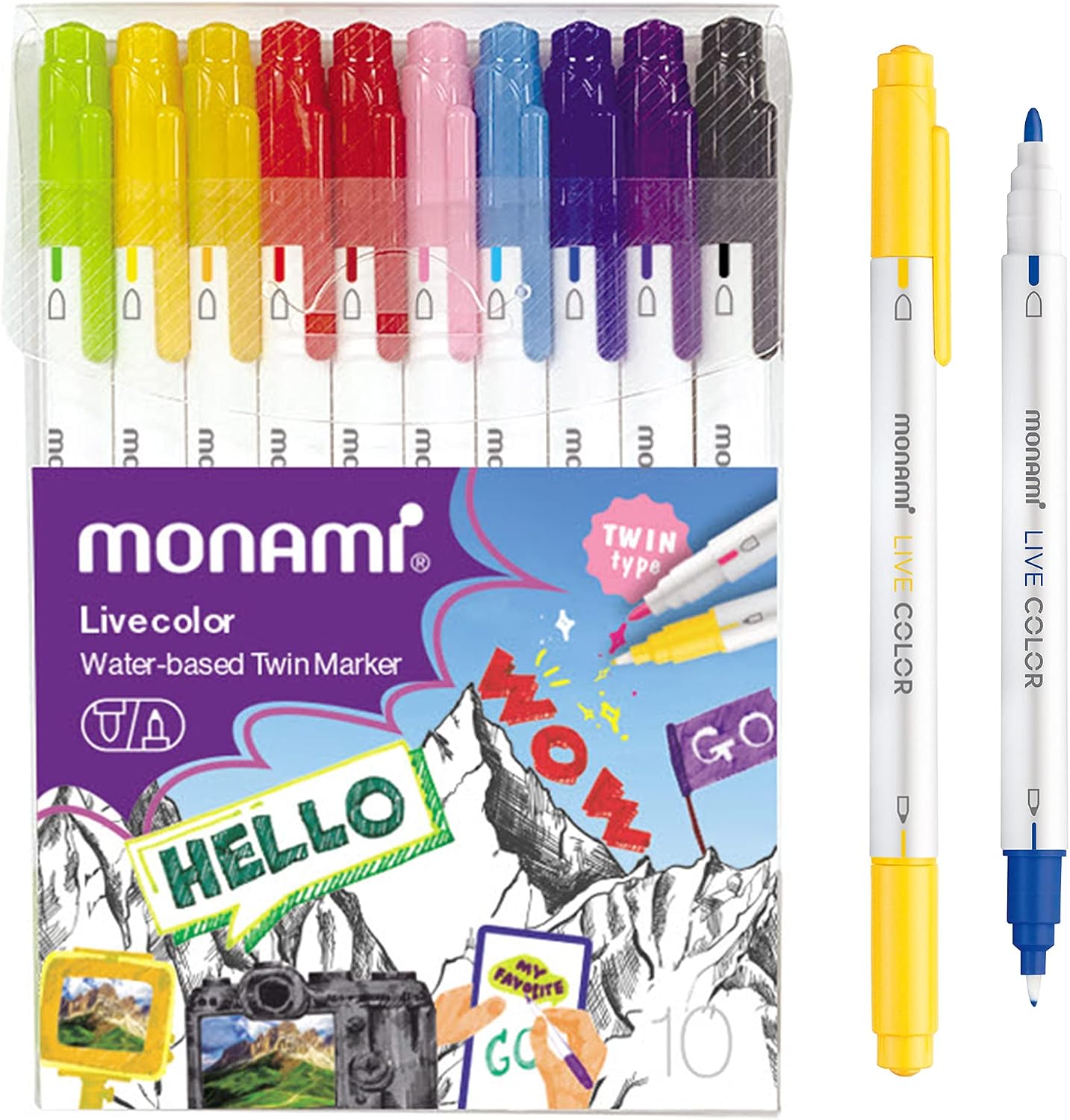 MONAMI LIVE COLOR Water-Based Twin Marker, Fine & Bullet Dual Tip Marker for Coloring/Drawing/Lettering/Decorating/Writing on notebooks and planners, New White Body Design 10C-Pack