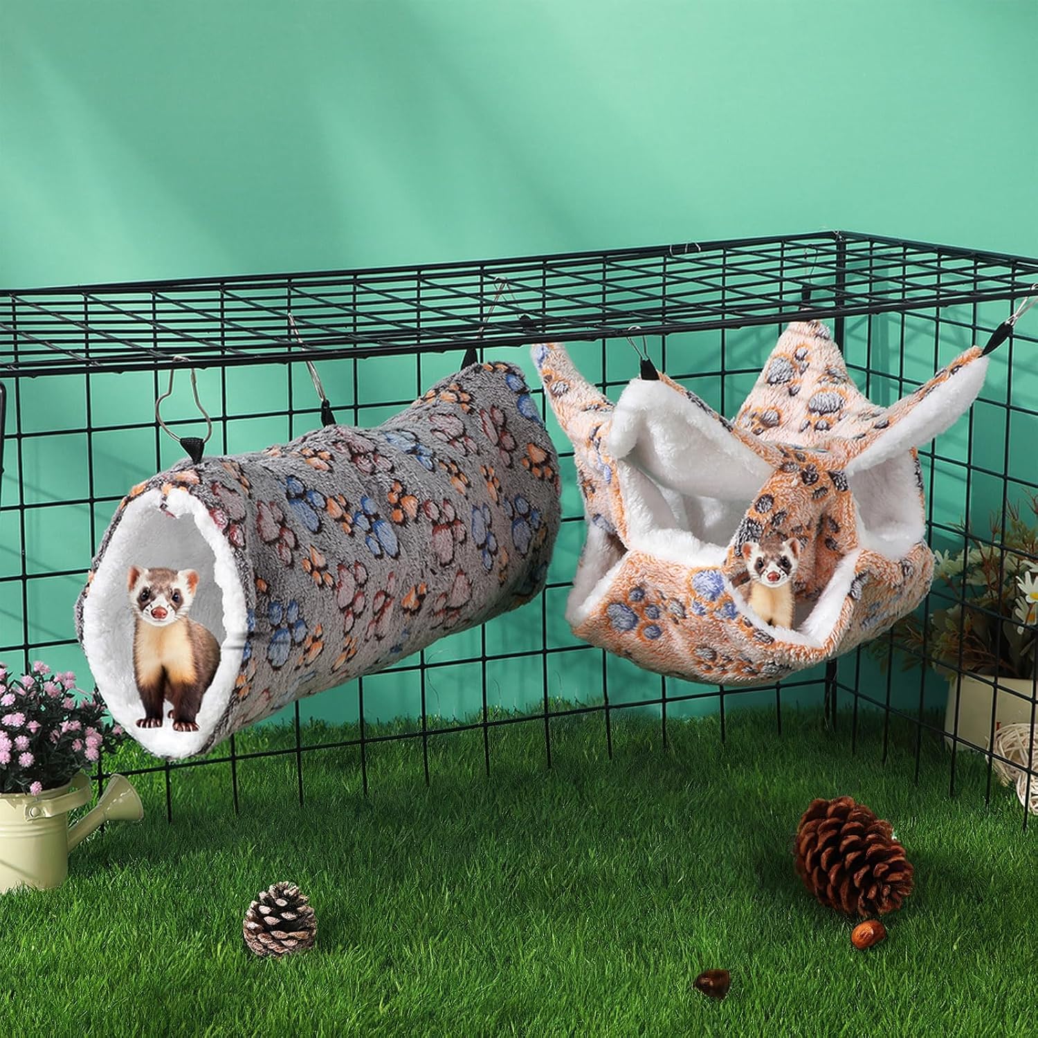 Sweetude 6 Pcs Rat Hammock Set Ferret Hanging Tunnel 3 Tier Guinea Pig Hammocks Hideout Soft Chinchilla Bed for Cage Accessories Hide,Play and Sleep(Cute,Paw)