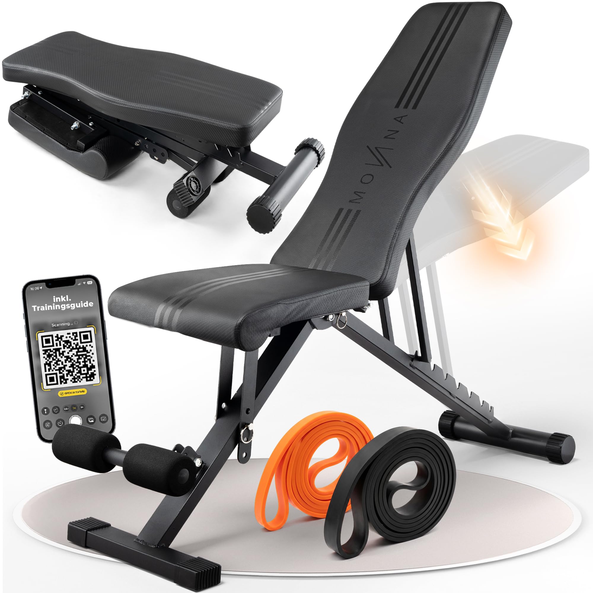 NEU Movana, Hantelbank Klappbar Verstellbar, Testsieger Note 1,1, Multifunktion Trainingsbank für Zuhause, inkl. Widerstandsbändern als Gewichtsersatz & Trainingsplan mit 80+ Übungen, 300 KG