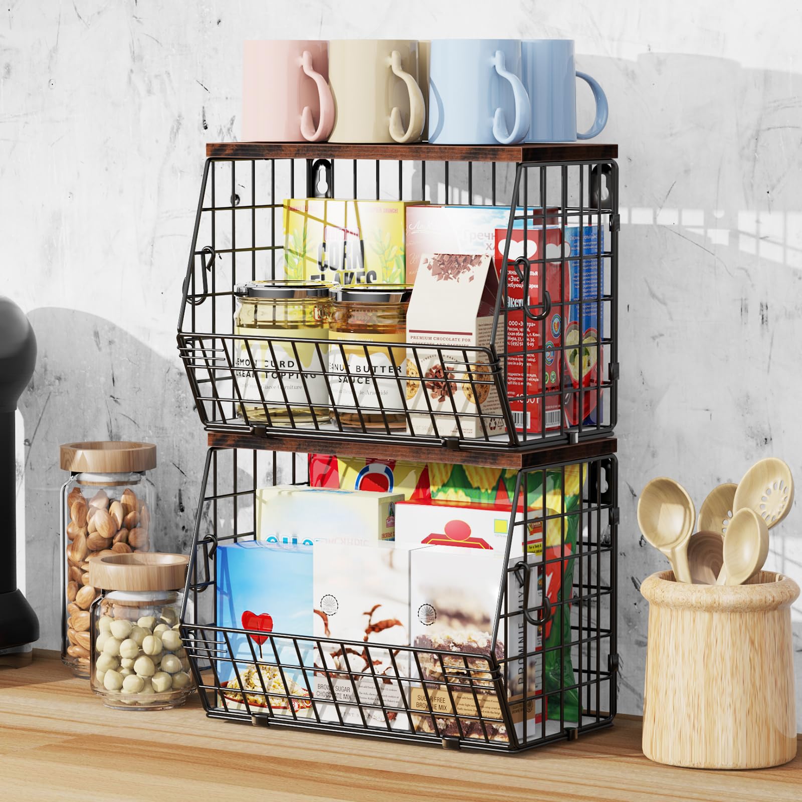 Wawocs 2 Panier a Fruit, Panier Corbeille a Fruit Murale pour la Cuisine, Panier Rangement de Fruits et Legumes 4 Crochets pour Fruit Basket, Corbeille en Métal pour Ranger les Fruits et les Légumes